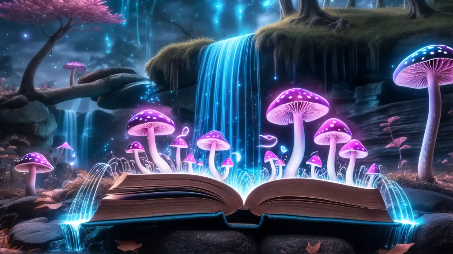 magical  blue glowing pages of book with bright lights and pink, purple, blue  mushrooms growing out of the book surrounded by a glowing waterfall and fantastical glimmers in the air and the trees are magical looking