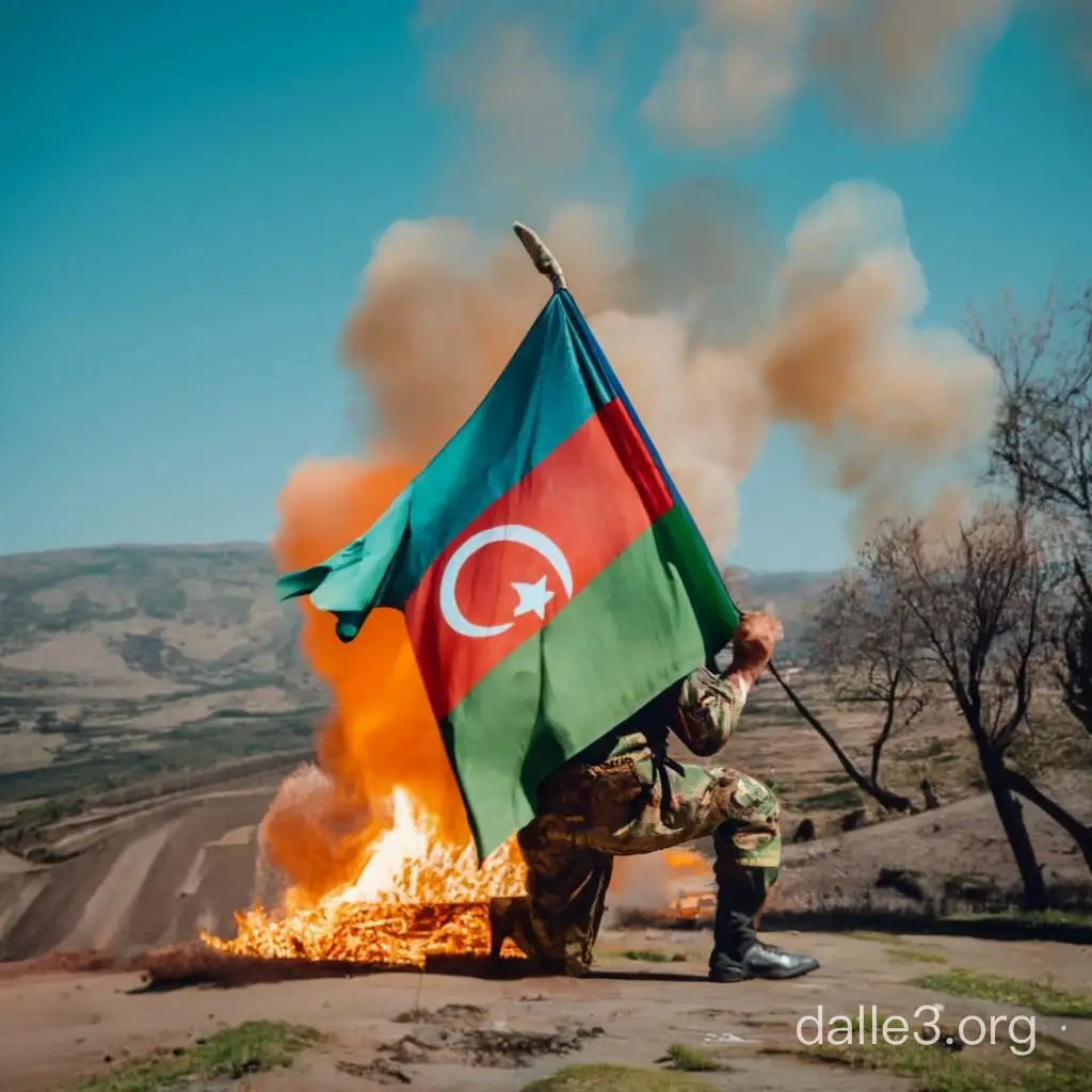 azerbaijani soldier burning Nagorno-Karabagh flag