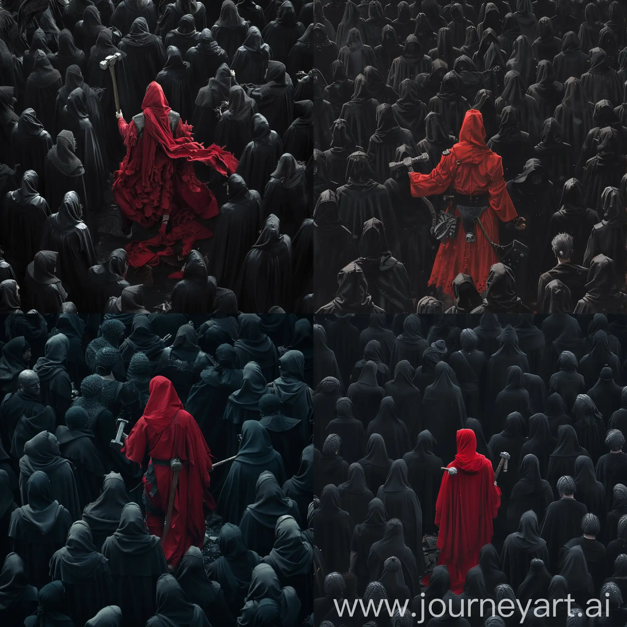 BlackClad-Crowd-with-Azrael-in-Red-Attire-and-Hammer