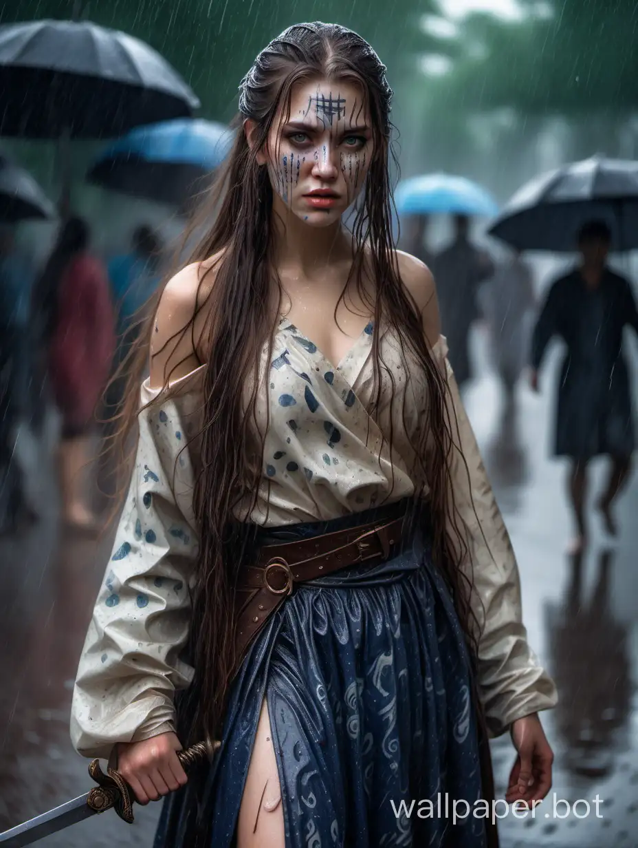 A beautiful woman, wearing a horse-faced skirt, with long hair draped over her shoulders, and a delicate and beautiful pattern painted on her face, stood in the rain with a long sword in hand, showing a faint smile.