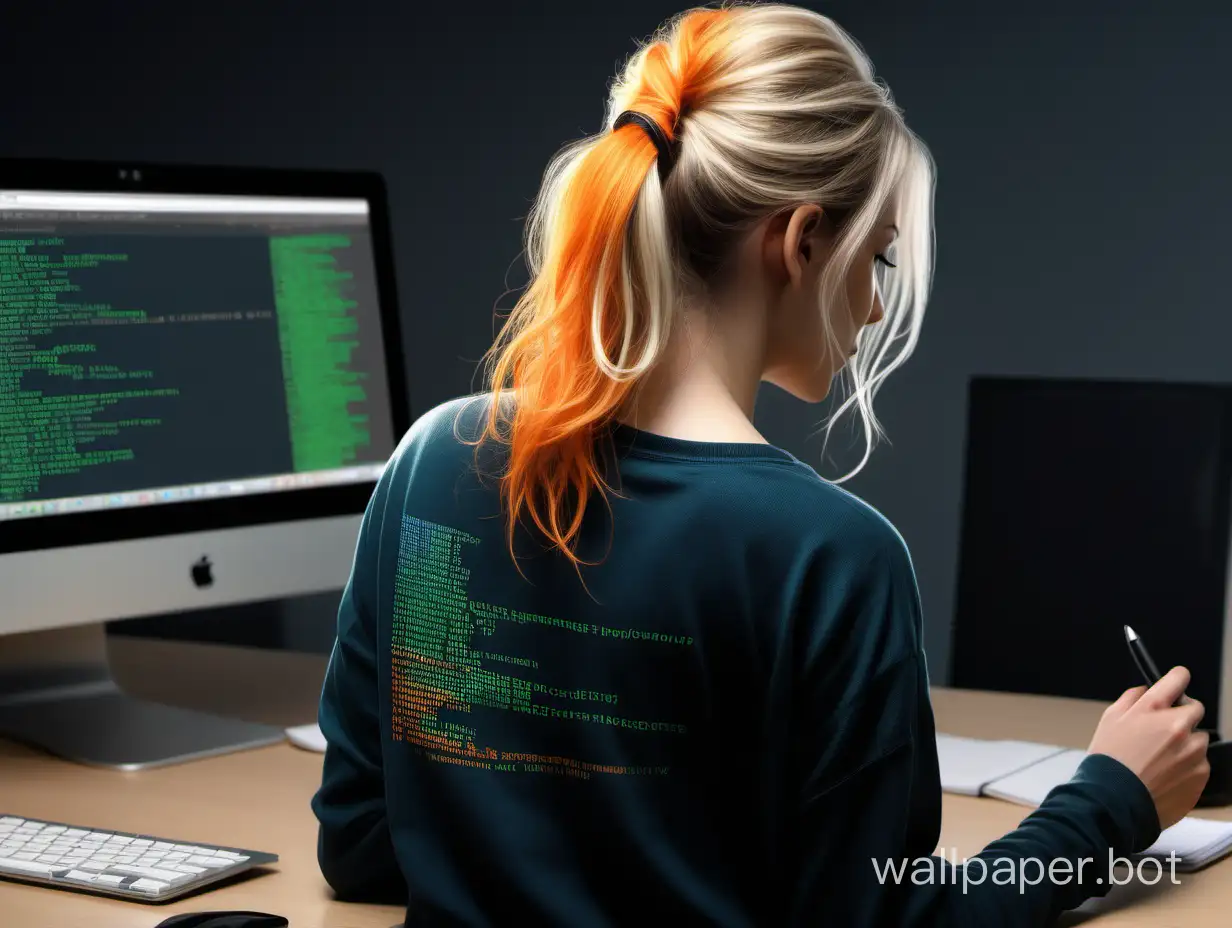 programmer writes code, from the back a female figure, light hair color, colors black, green, blue, orange coffee mug, hyperrealism style, office environment
