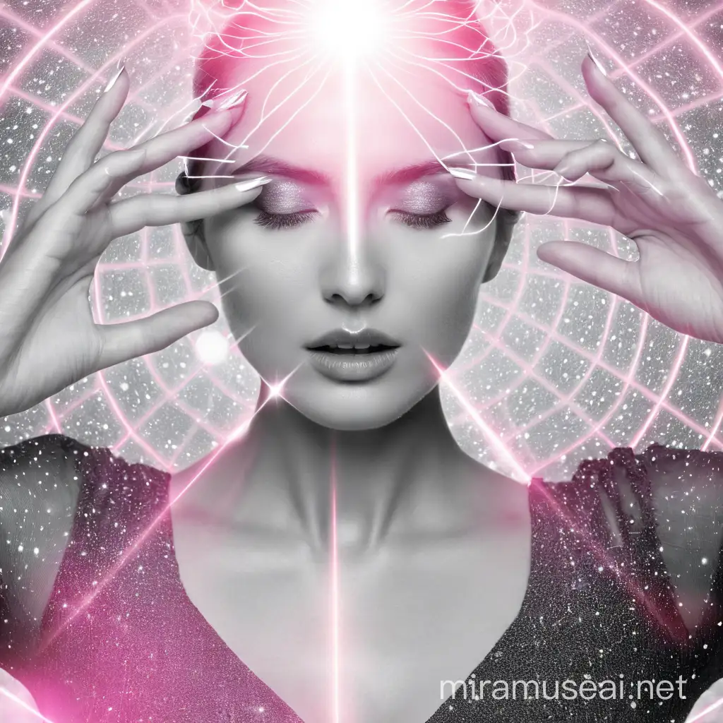 Mystical Woman Meditating in Monochrome with Pink Aura