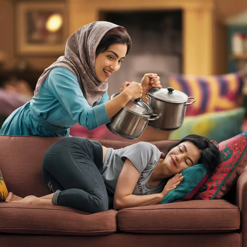 a Muslim woman with two pot lids in her hand, leaning over the sofa where another woman is sleeping, to wake her up in a game