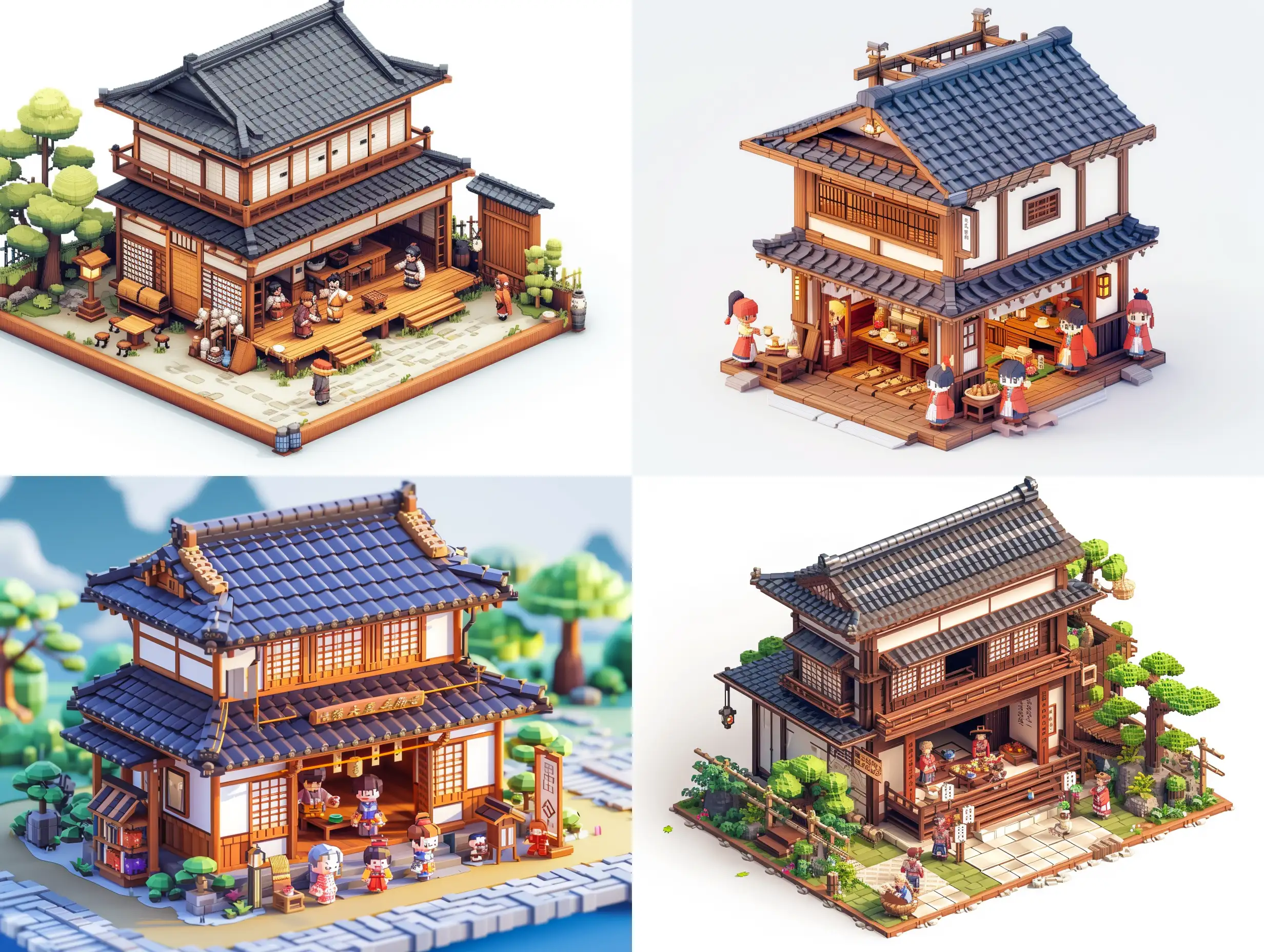 A  that is the style of a house with the style of Japan during the samurai era 3D game design cute from side isometric pixel art colorful with small people in it drink tea