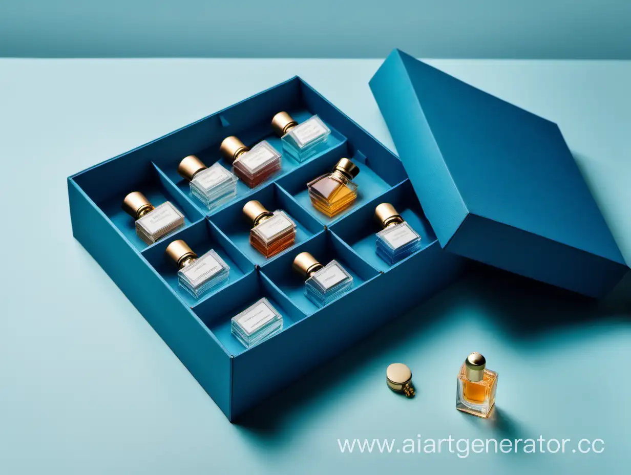коробка с маленькими пробниками духов, без надписей, синего цвета, крышка коробки лежит рядом с коробкой
