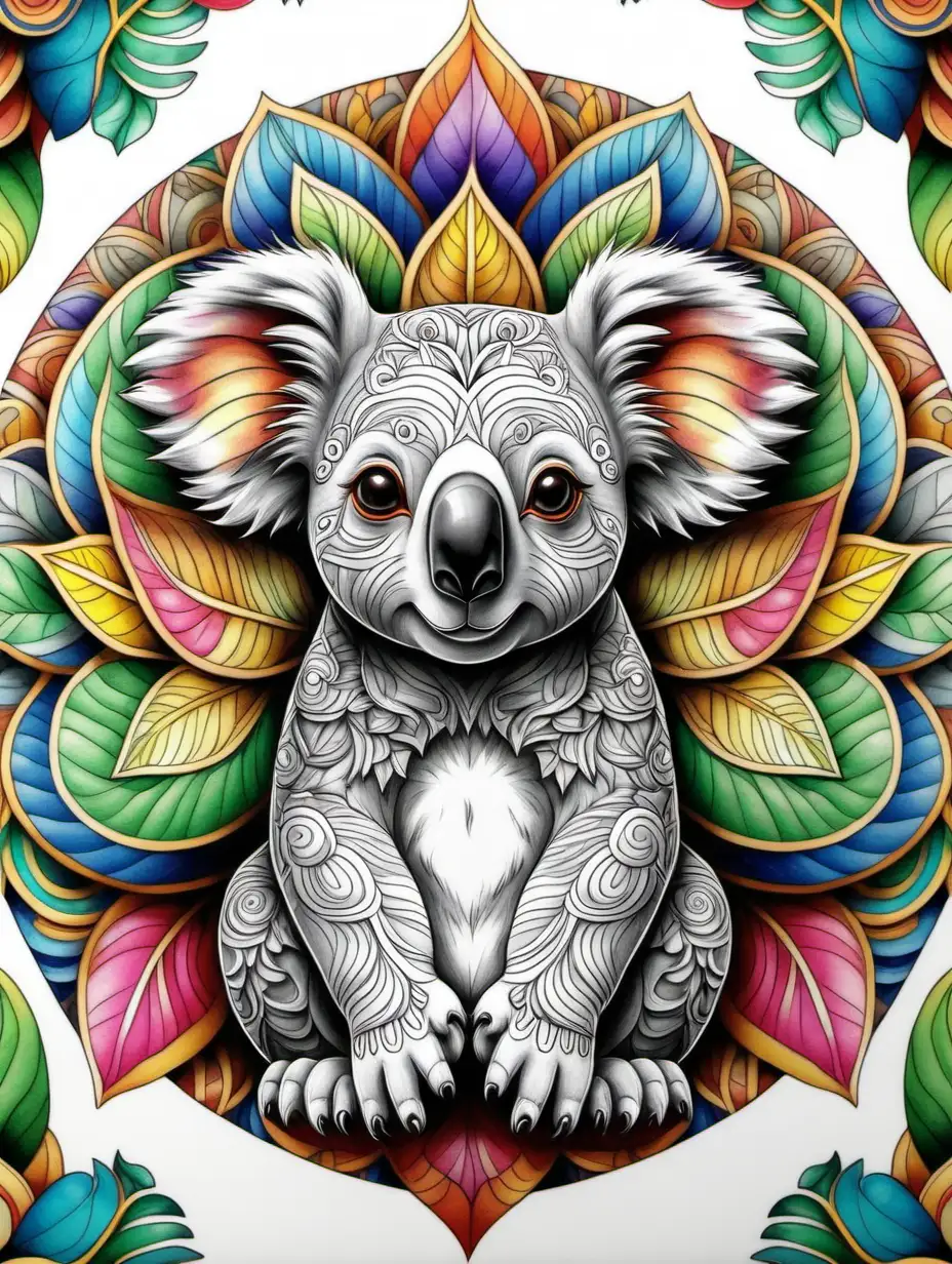  adult coloring book, mandala koala, high detail, no shading, vivid color,


