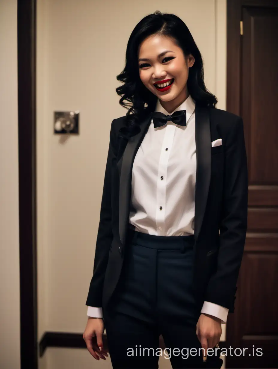 It is night. The lighting is dim. The scene is a room in a wealthy mansion. A beautiful smiling and laughing Vietnamese woman with tan skin, long black hair, and lipstick, mid-twenties of age, is standing in the corner of a room. She is wearing a tuxedo with a black jacket and black pants. Her shirt is white with double French cuffs and a wing collar. Her bowtie is black. Her cufflinks are large and black. She is wearing shiny black high heels.