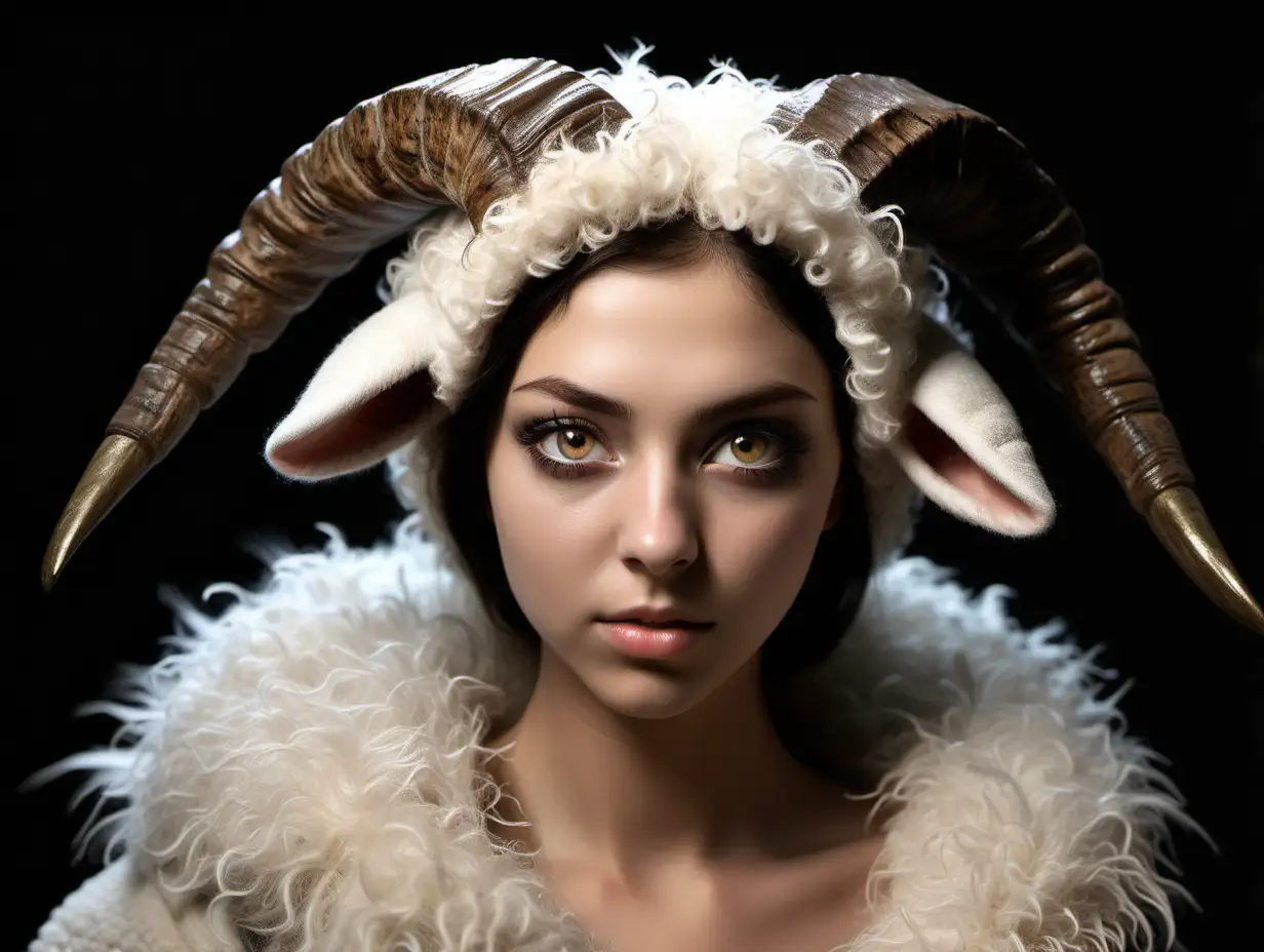 the hybrids are a woman with a face like a sheep with a nose like a lamb with ears like a Lamb with a brown sheep as a human. realistic futistic, real hybrids, one women like animal realistic, hybrids skiin 4k realistic, and the eyes of his nose, and the shape of his face, shall be like a ram, and shall be clothed with sheep's feathers. The eyes are big, the eyes of bright animals, the species on the face. back ground must be black, model is a human kadın ve kuzunun organları bir bütün olsun
