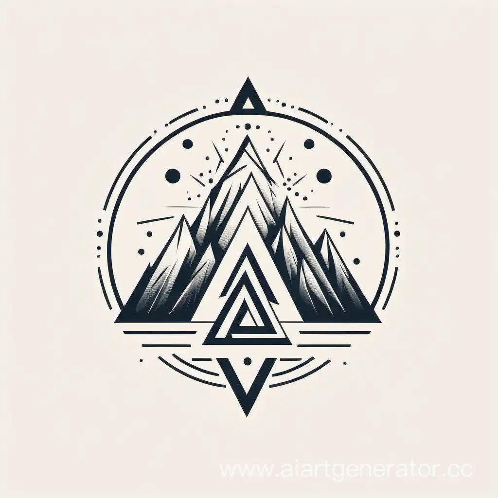 векторный минималистичный логотип, шаманство, круг а вокруг треугольники, в центре подобие горы