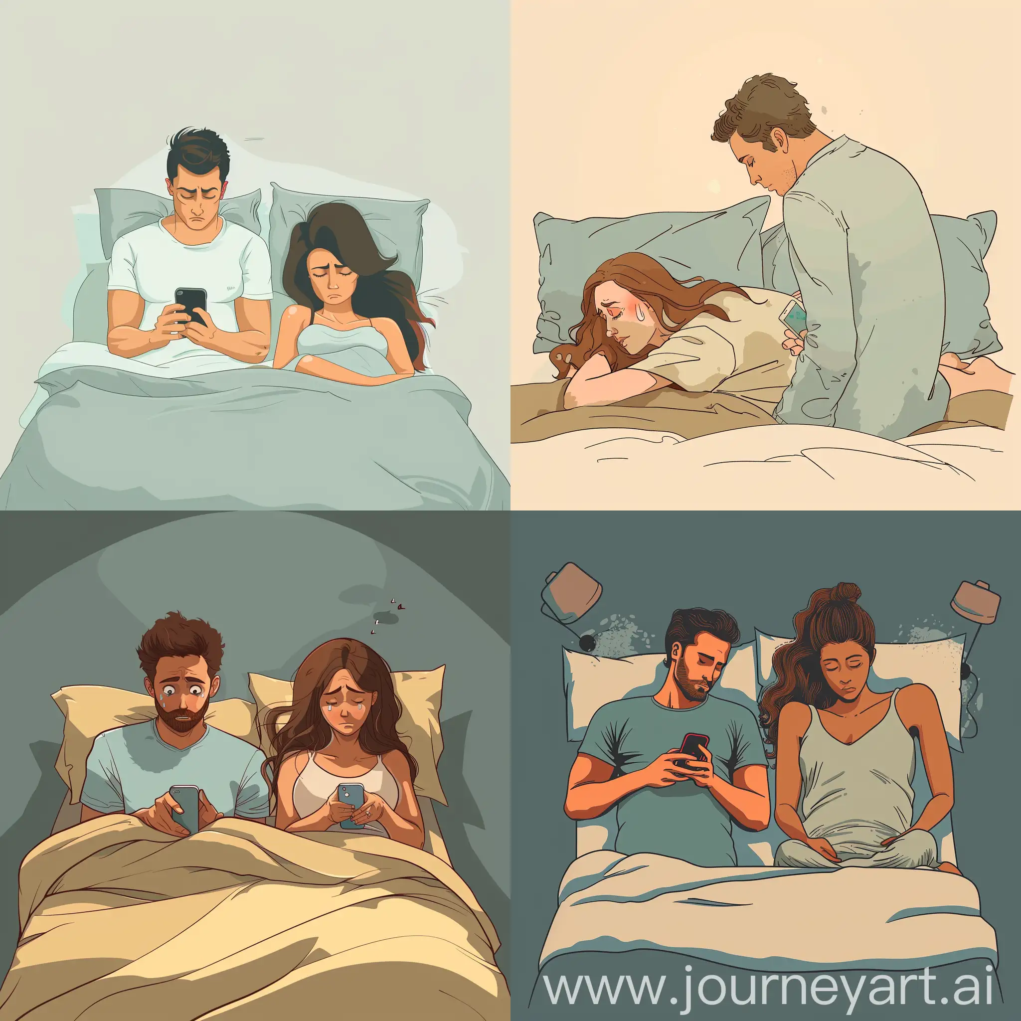 husband and wife are lying in bed, the husband is turned to one side and is looking at the mobile phone, and the wife is lying on her back and is sad that the husband is not paying attention to her but to the phone