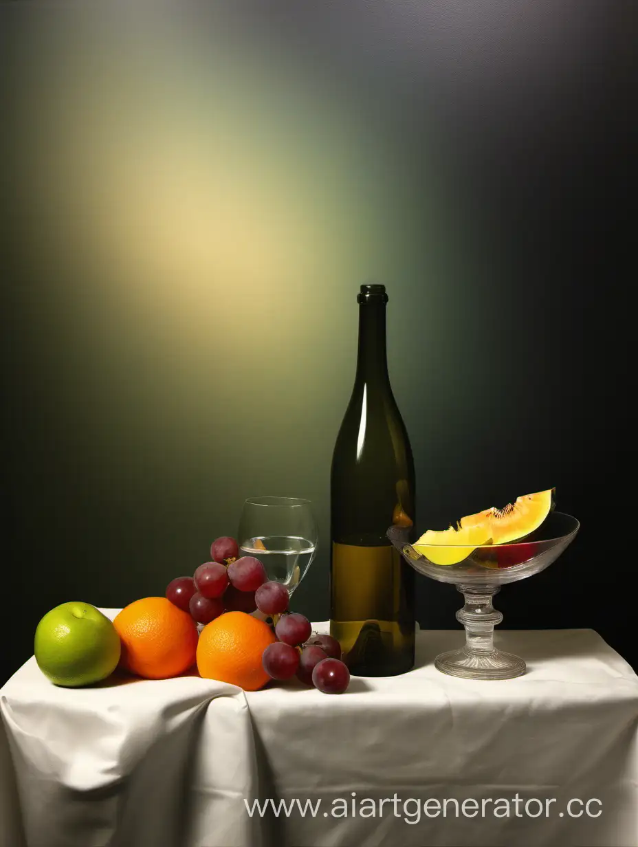Голландский натюрморт простой с фруктами и бутылкой и бокалом с вечерним фоном абстракция 