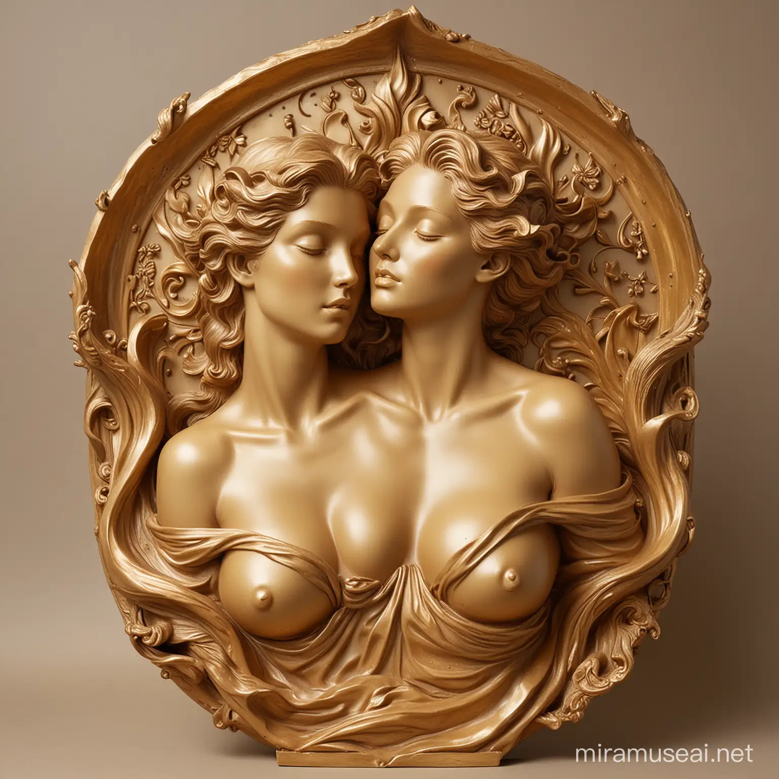 busto with sensual figures and a flame in gold tones in between