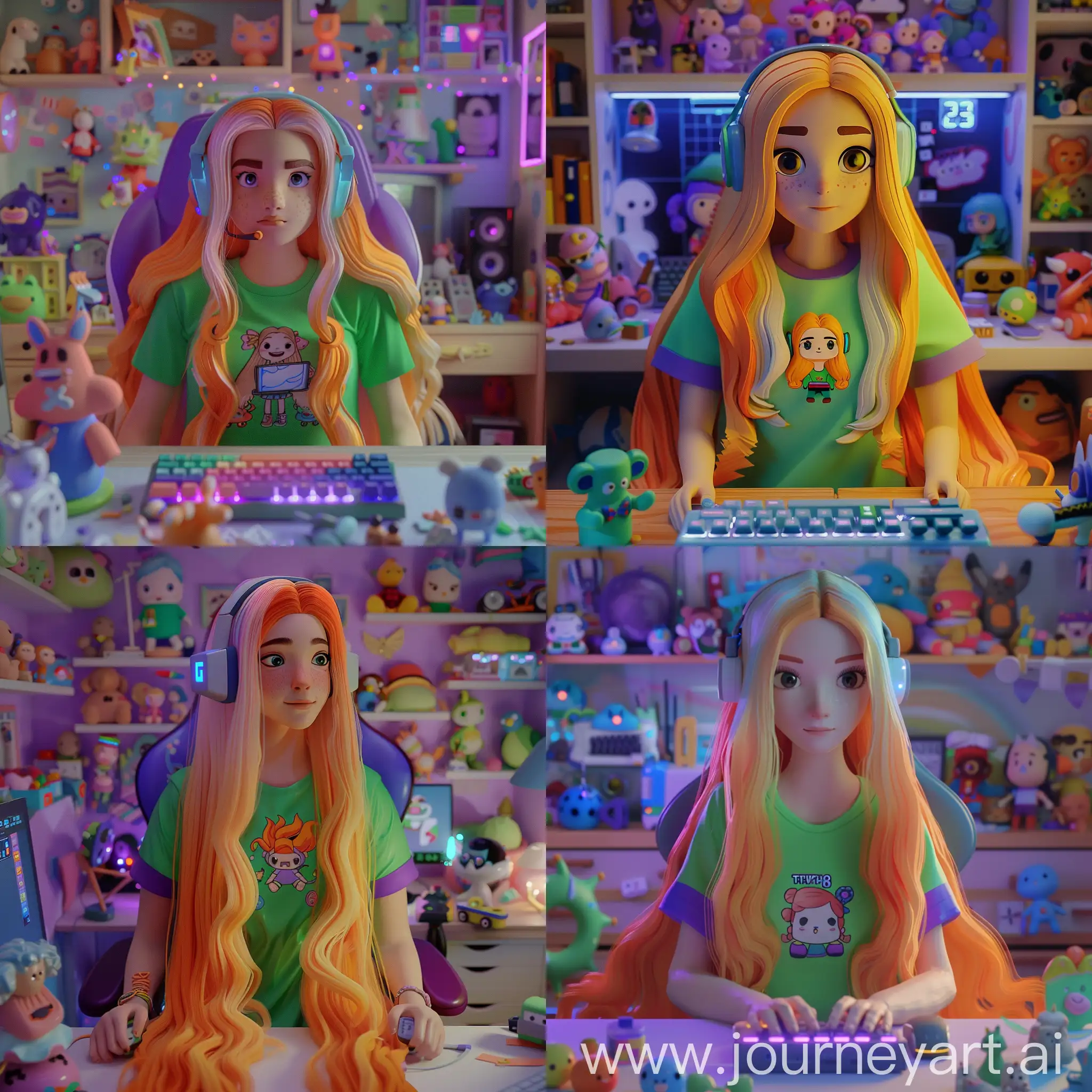 In the style of claymation, everything is made of colorful clay. A young attractive 25 year old woman, long flowing waist length hair that is platinum blonde at the top of the head and fades to orange/ginger. She has dark thick eyebrows, cute nose. She is a Twitch streamer sitting in a cute bedroom full of toys and knickknacks. She is wearing a green t-shirt with a cute cartoon character in the middle, the shoulders and sleeves are purple. She is wearing square pale blue/grey headphones with LEDs on the front. She is sitting at a computer desk streaming