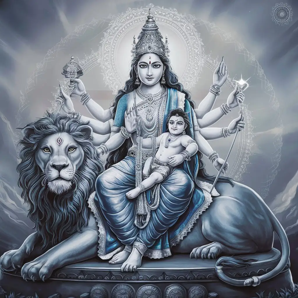 On Day -5, you can draw Skandamata, the fifth form of Goddess Durga. She is depicted holding her son, Lord Skanda (also known as Kartikeya ), on her lap. She has four arms and rides a lion, symbolizing maternal love and protection.