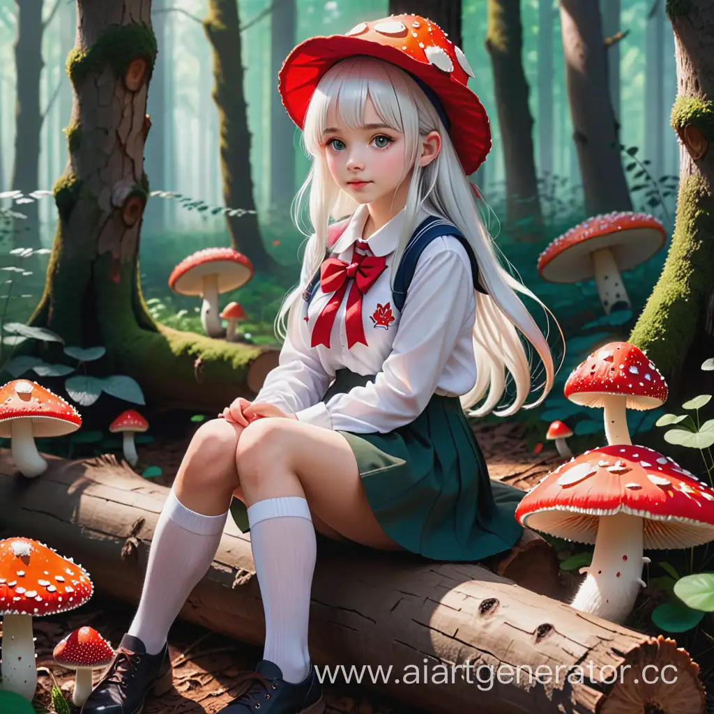 A white-haired girl is sitting in the forest on a fallen log. She's wearing a fly agaric hat and a school uniform. There are a lot of fly agarics and snakes around