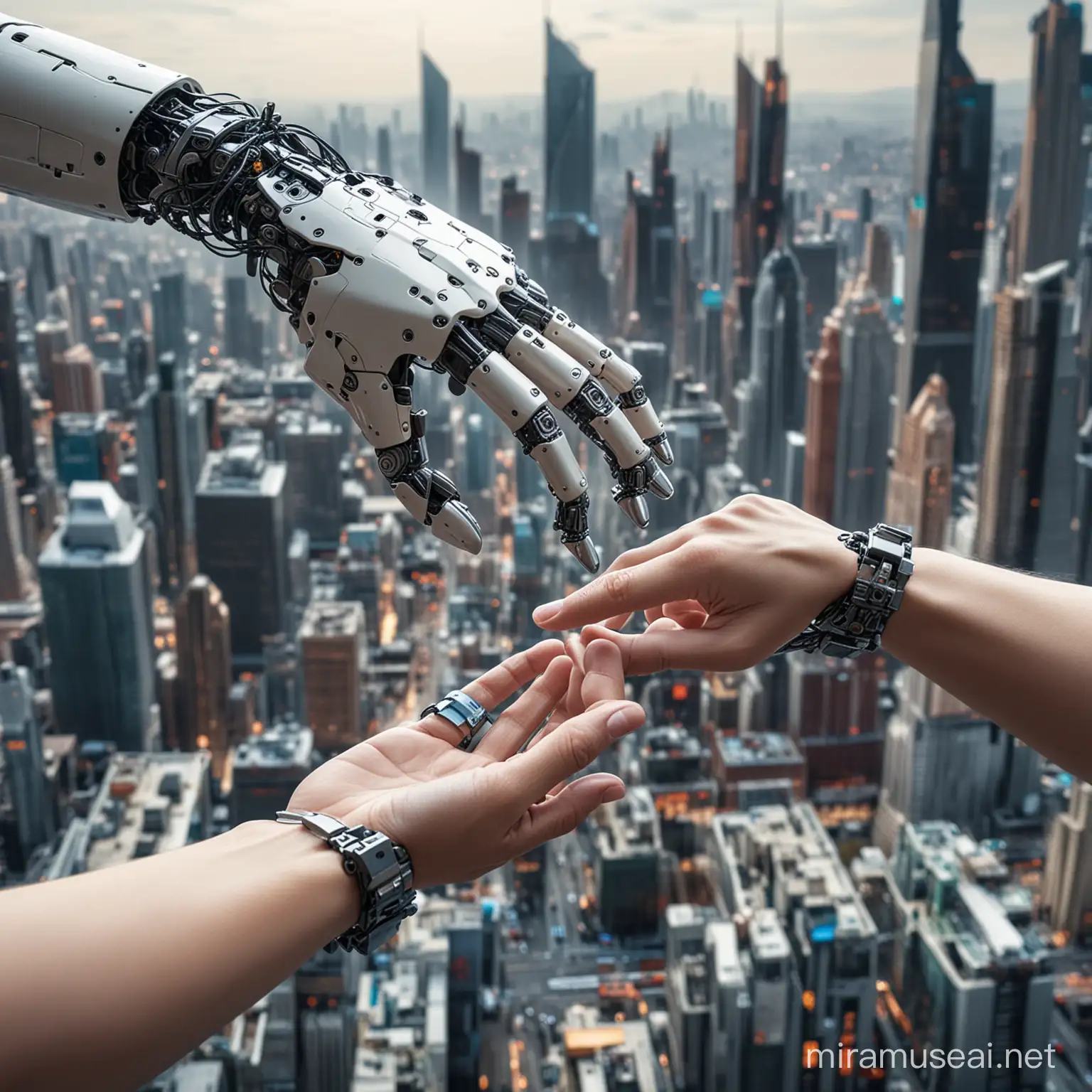 A photo of a human hand and a robotic hand with the tips of their indexes just about to touch. The hands are of the same size and are situated in the middle region of an A4 size sheet. The background is of a futuristic cityscape with humans and robotic humanoids interacting.