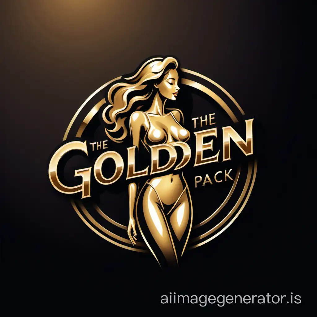 логотип, Название "Golden Pack" стилизовано в элегантном шрифте с золотистым оттенком, чтобы подчеркнуть роскошь и качество продукции. В центре логотипа изображена красивая девушка в купальнике, стоящая в стильной позе и обнимающая огромный золотистый зиплок, который располагается рядом с ней. Фон логотипа может быть выполнен в темных тонах, чтобы подчеркнуть золотистый цвет и дать образу более роскошный вид.