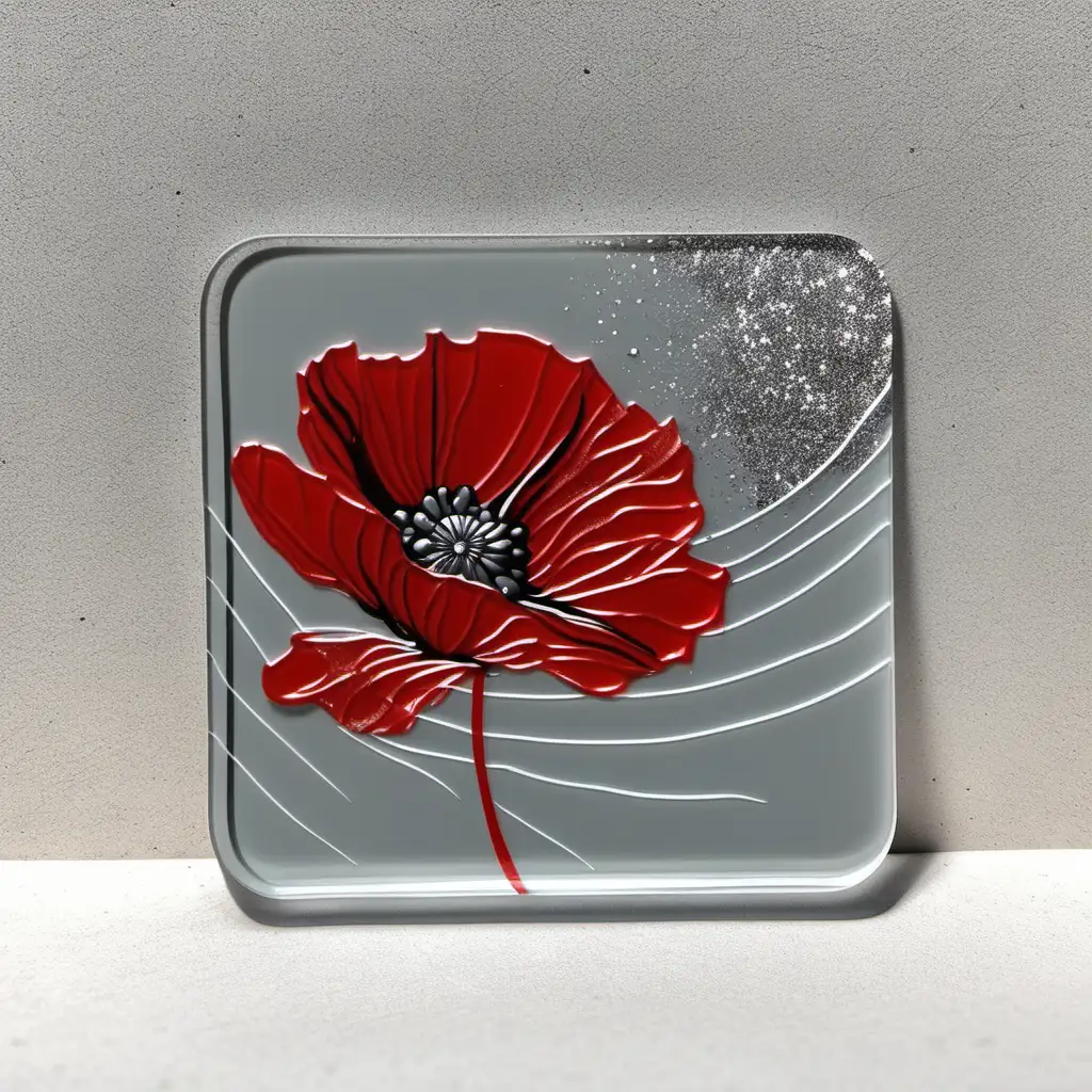 Abstract Glass Hand Decorated Coaster with Minimalist Grey Tones and Red Poppy Accents