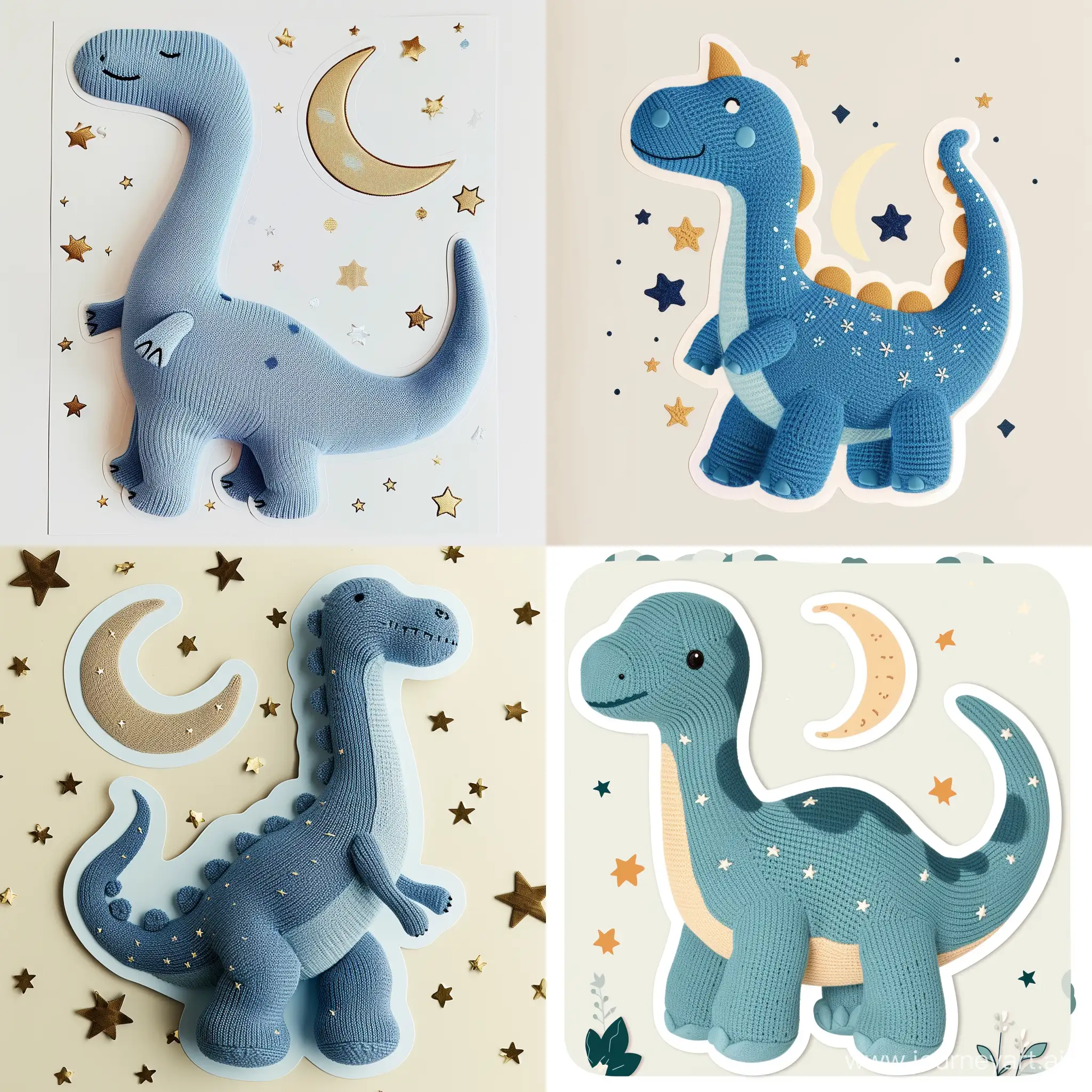 make a picture of a sticker for a packaging for a soft cotton knitted toy - blue dinosaur. Try to promote that this toy is an ideal companion for cuddling and sleeping. So we want to display stars and a crescent moon on the sticker