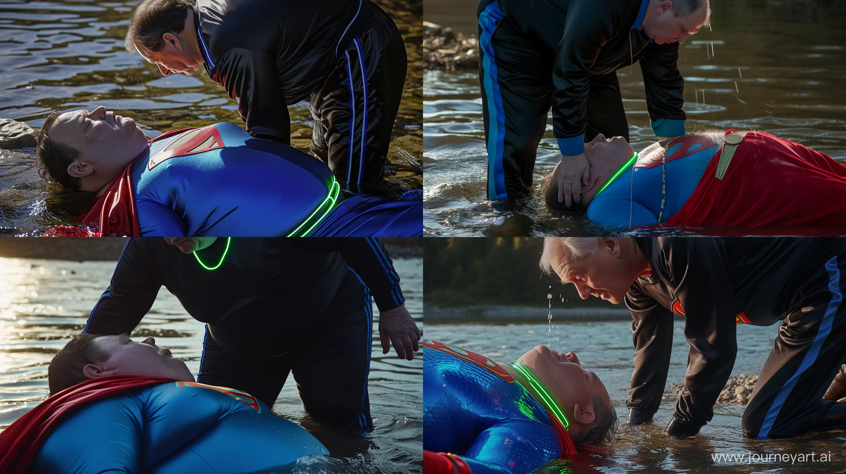 Close-up photo of a 100 kg man aged 60 wearing a silk black tracksuit with a royal blue stripe on the pants. He is looking down on a fat man aged 60 wearing a tight blue 1978 smooth superman costume with a red cape and a tight green glowing neon dog collar on the neck lying in the water. Natural Light. River. --style raw --ar 16:9