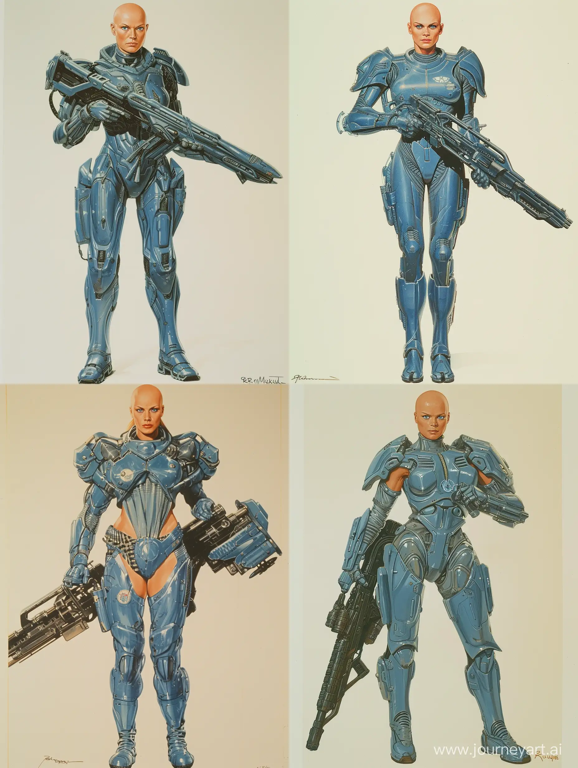 A tall bald handsome woman wearing a suit of futuristic blue plated armor and holding a futuristic metal rifle painted by Ralph McQuarrie. entire body shown. feet shown. blue eyes. in retro science fiction art style--ar 9:16

