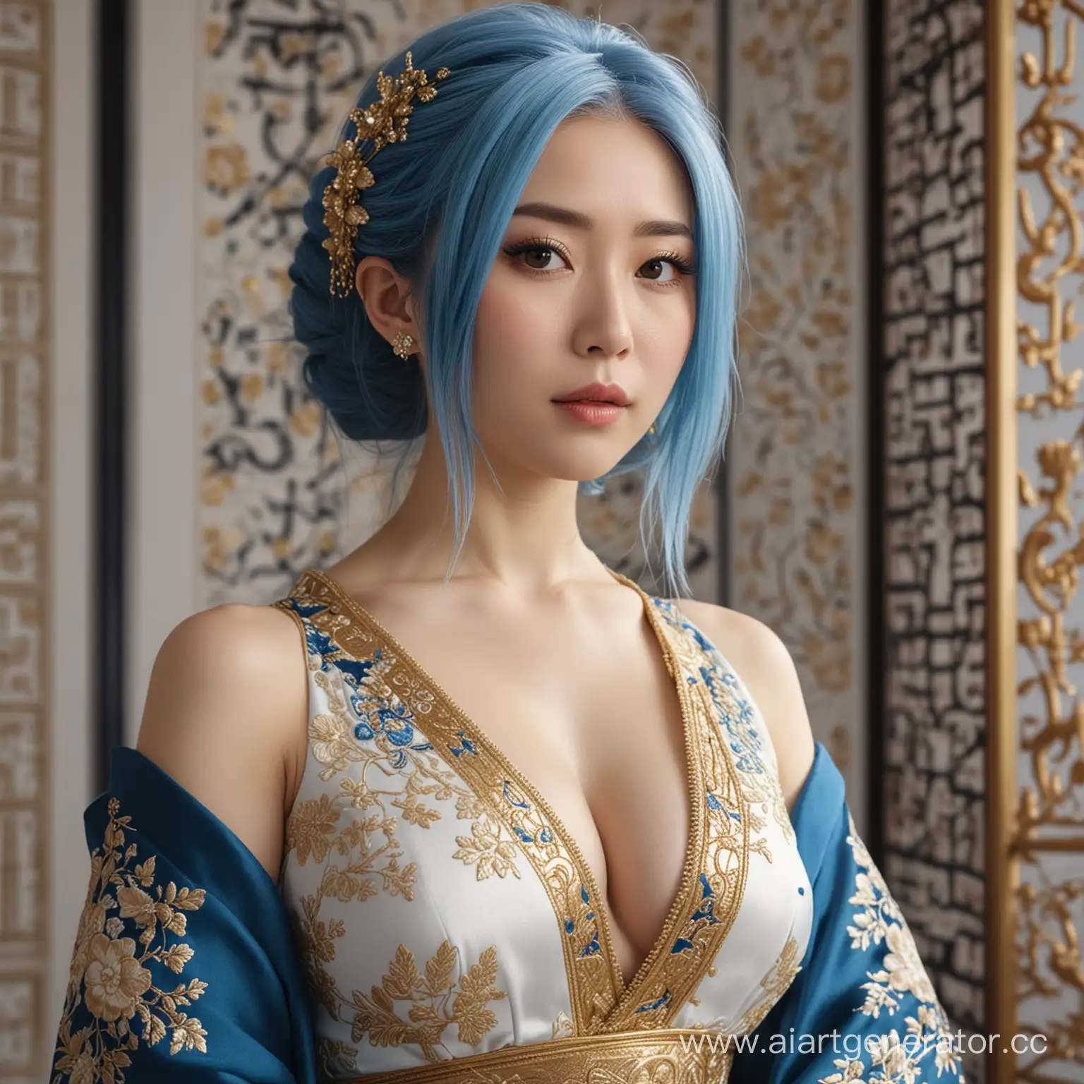An elegant woman with a Japanese dress, blue hair, white skin, cleavage. She is posing. Her outfit is adorned with gold embroidery. A masterpiece in 8K ultra.