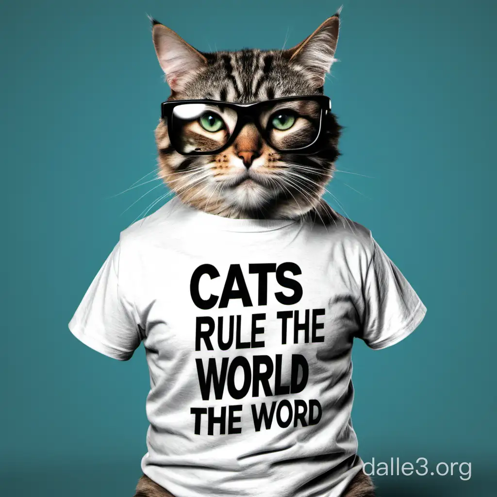 digital cat in the t-shirt with a label "Cats rule the world"