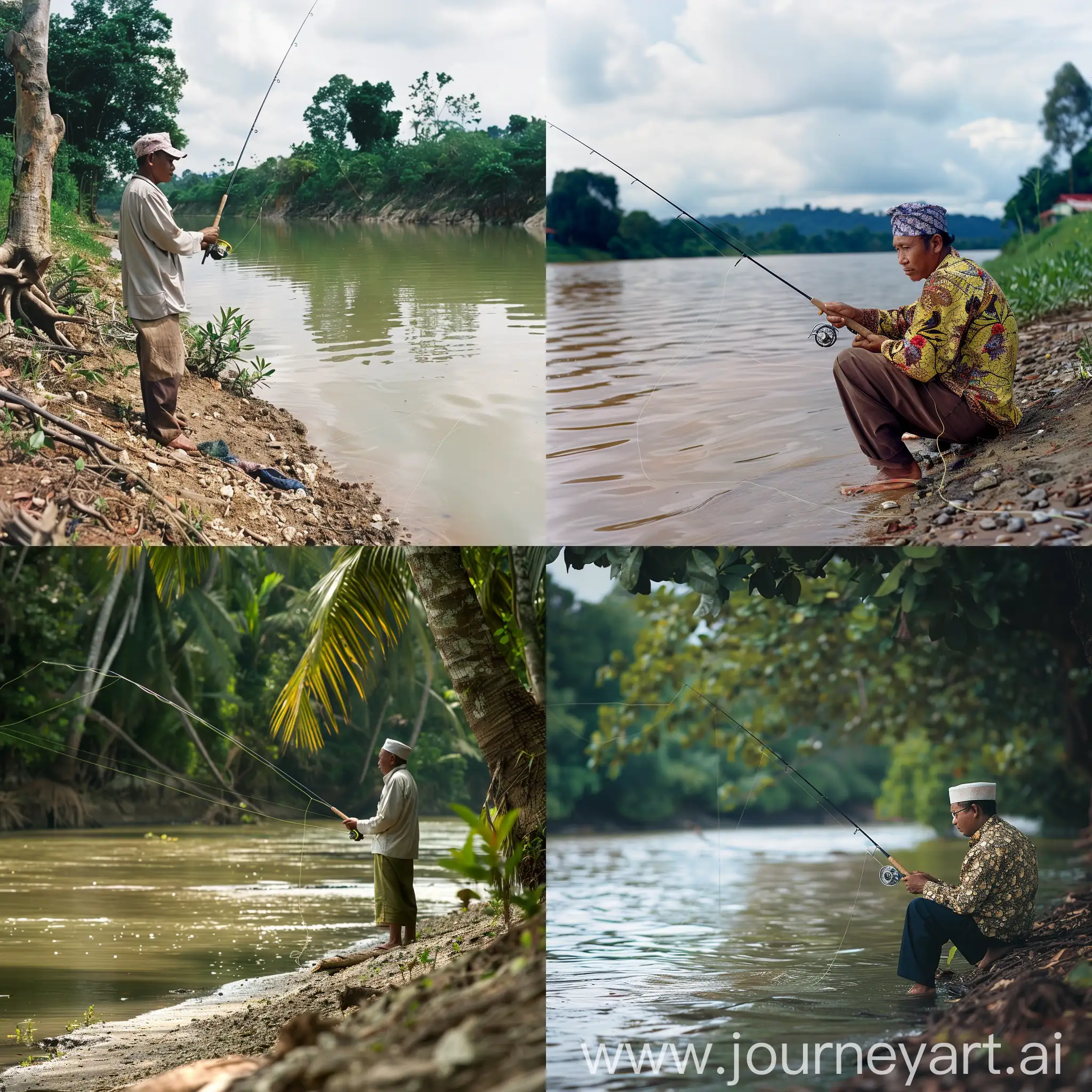 A malay man fishing on the river bank