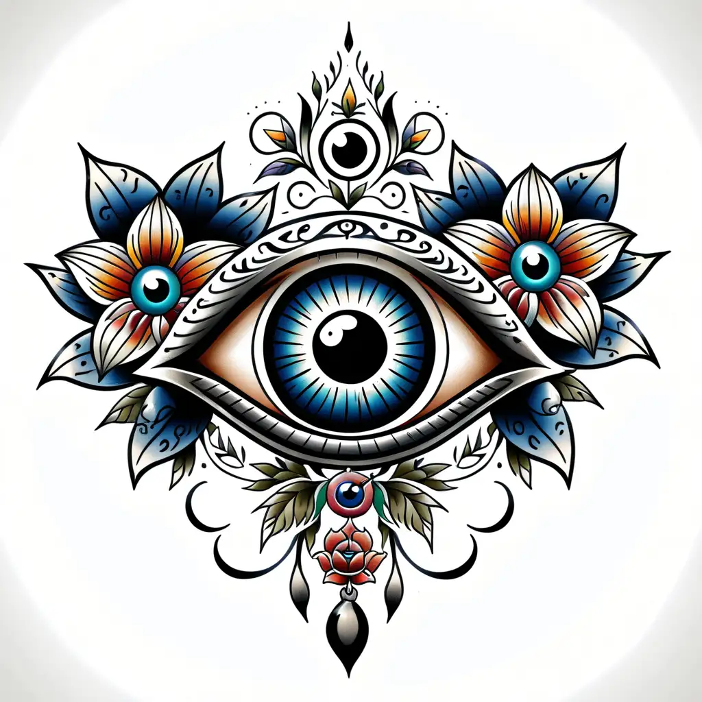 Traditional Evil Eye and Flowers Tattoo Design on White Background