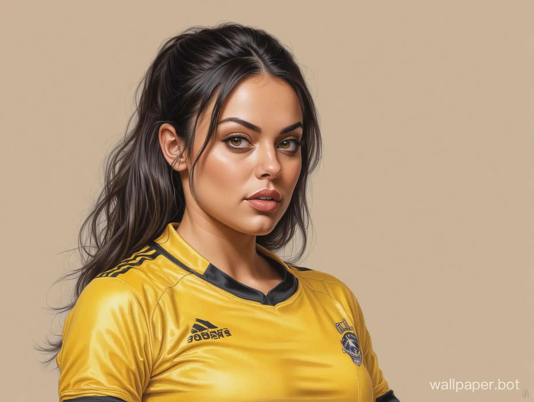 Realistic-Portrait-Sketch-of-Mila-Kunis-in-YellowBlack-Soccer-Uniform