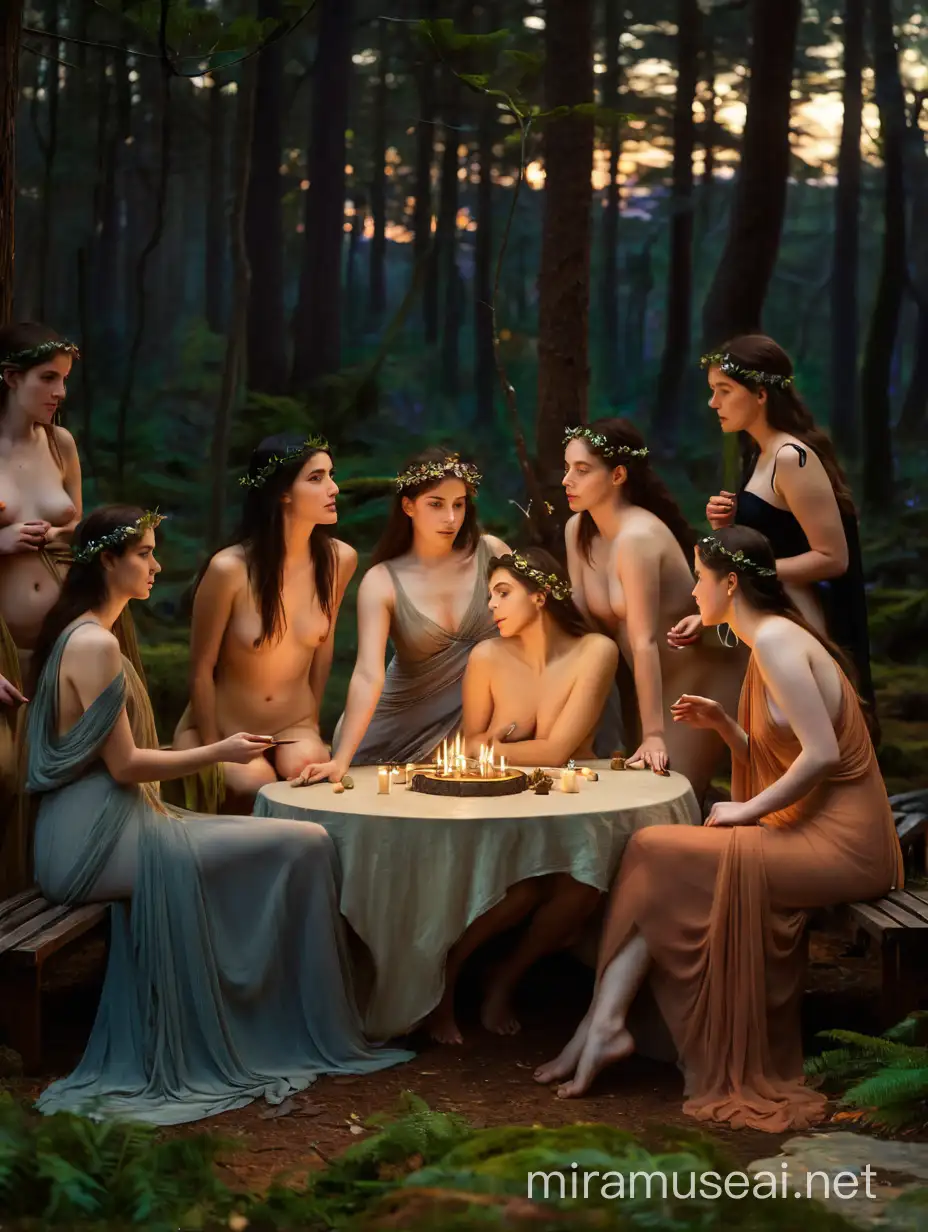 Eight nude muses around a table in a enchanted forest at twilght..[John William Waterhouse]