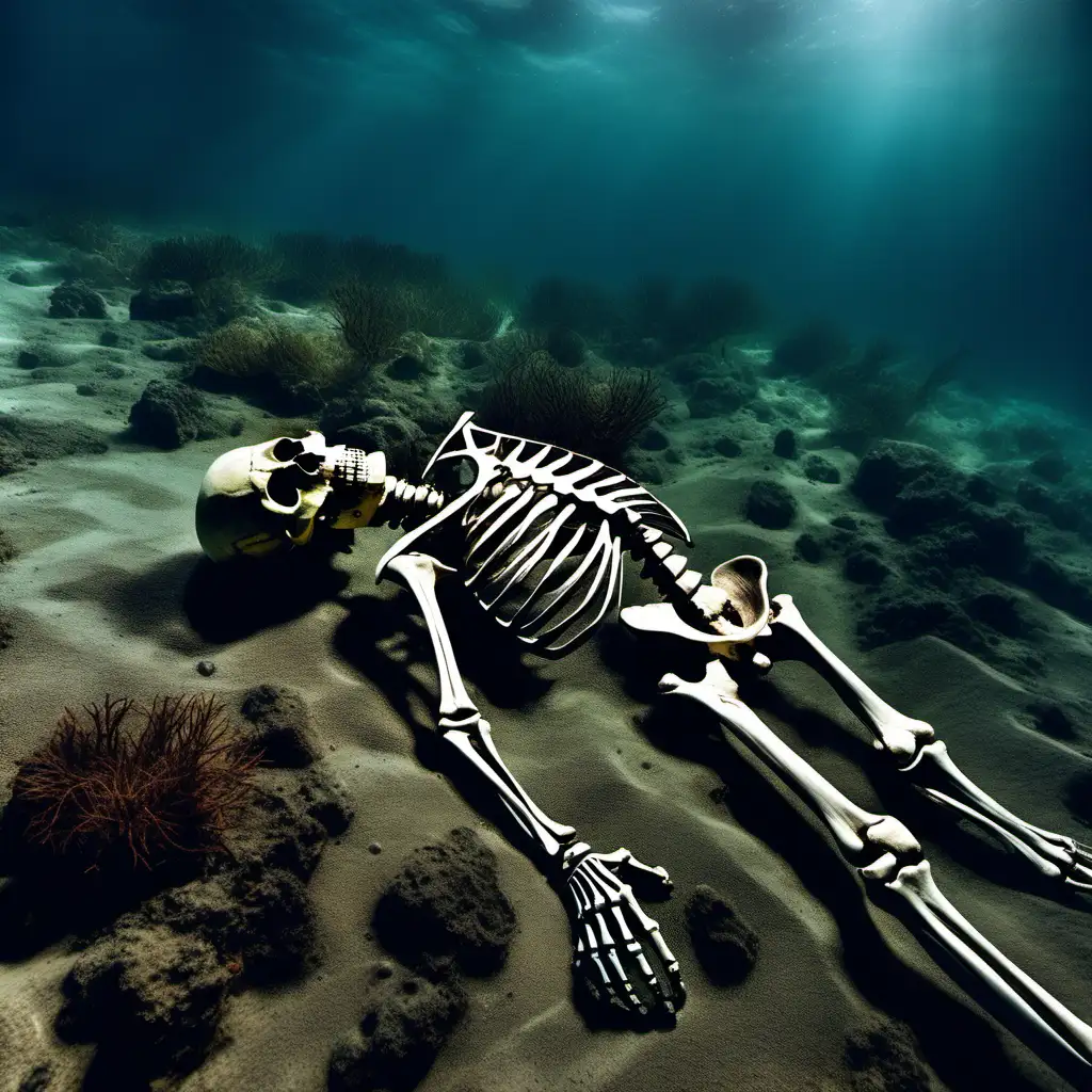 human skeleton laying at the bottom of  the sea