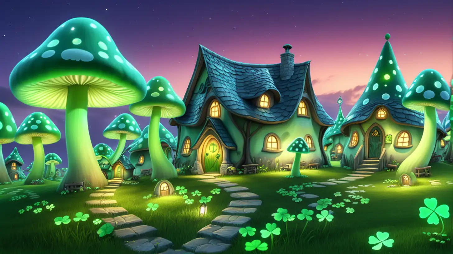 Fairytale-magical-green-glowing roundup-mushroom village with twilight sky and shamrock-roofs and shamrock lawns