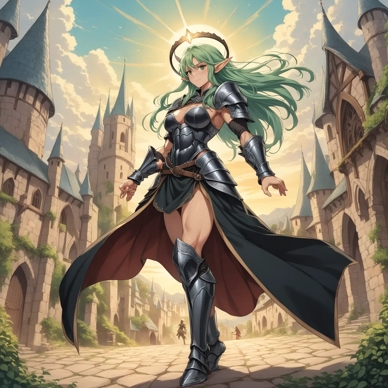 female elf, long hair down to feet, mint green hair, wild hair, flowing hair, unkempt hair, short bangs, green eyes, strong defined muscles, strong abs, show cleavage, black armor, long black skirt, black armored bracers, black armored greaves, black armored pauldrons, long elf ears,1 girl, dark colors,  metal halo, black halo, epic pose, fantasy setting, dynamic pose, full body portrait, medieval background, vintage anime, 90's anime style, anime masterpiece, 4k, high quality, show abs, no weapons, no shield, angry smile