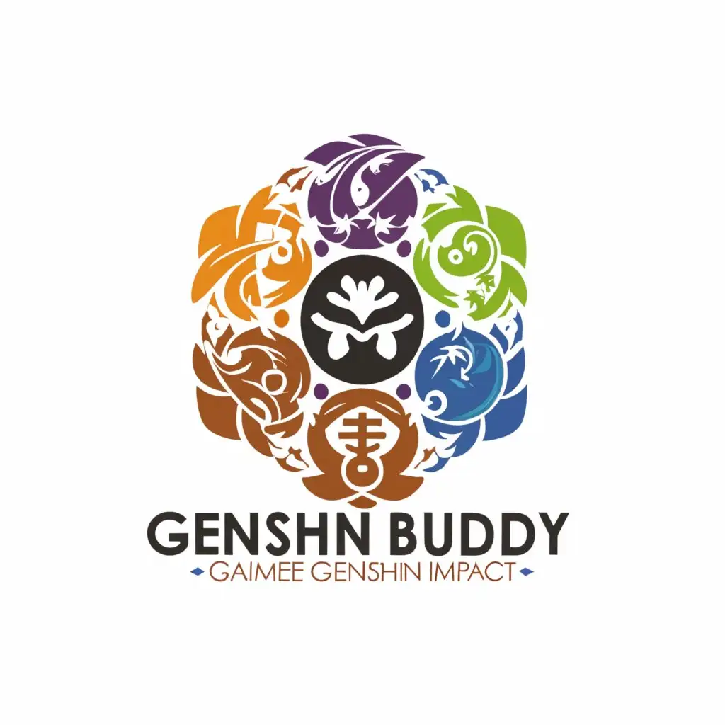 a logo design,with the text "Genshin Buddy ", main symbol:Imagine a circular logo with a stylized version of the seven elemental symbols from Genshin Impact arranged in a harmonious pattern at the top. Below it, the website name "Genshin Buddy" is written in a clear, friendly font like Arial Rounded.

Character Silhouette and Text:
Picture a logo featuring a friendly silhouette of Paimon (Genshin Impact's mascot) waving enthusiastically. Beside it, the website name "Genshin Buddy" is written in a bold, slightly whimsical font like Comic Sans MS.

Travel Companion Theme:
This logo could showcase a stylized map of Teyvat with a pair of footprints walking across it. The website name "Genshin Buddy" could be written above the map in a font that suggests exploration, like Adventurer.,Moderate,clear background