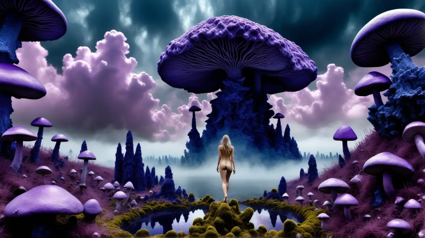 Psychedelic landscape, crystalline purplish indigo mineral clouds, with nude woman ascending up into the sky, Moss, massive mushrooms, and water on the ground, taken with DSLR camera, vast, realistic lighting