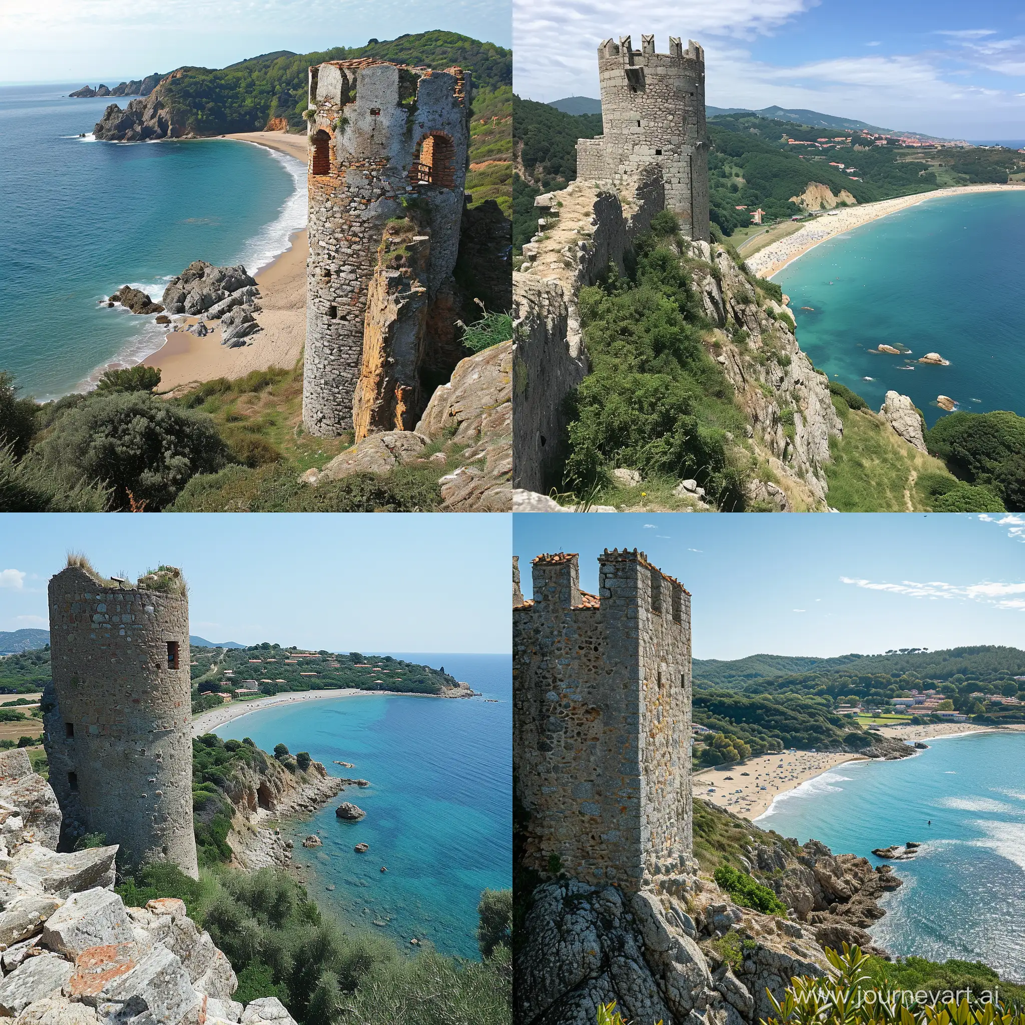 Panoramic-Castle-Tower-View-Overlooking-Serene-Beach