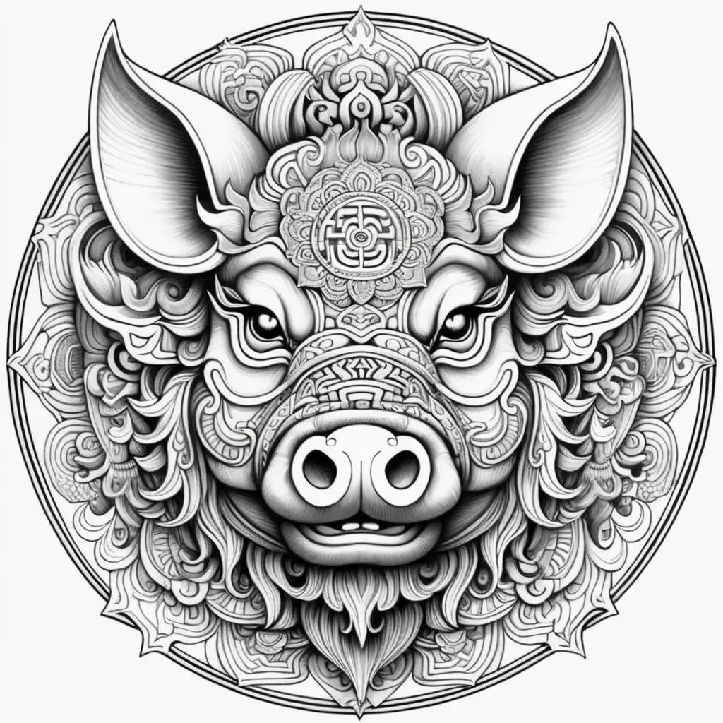 black & white, coloring page, white background, high details, symmetrical mandala, clear lines, chinese pig demon