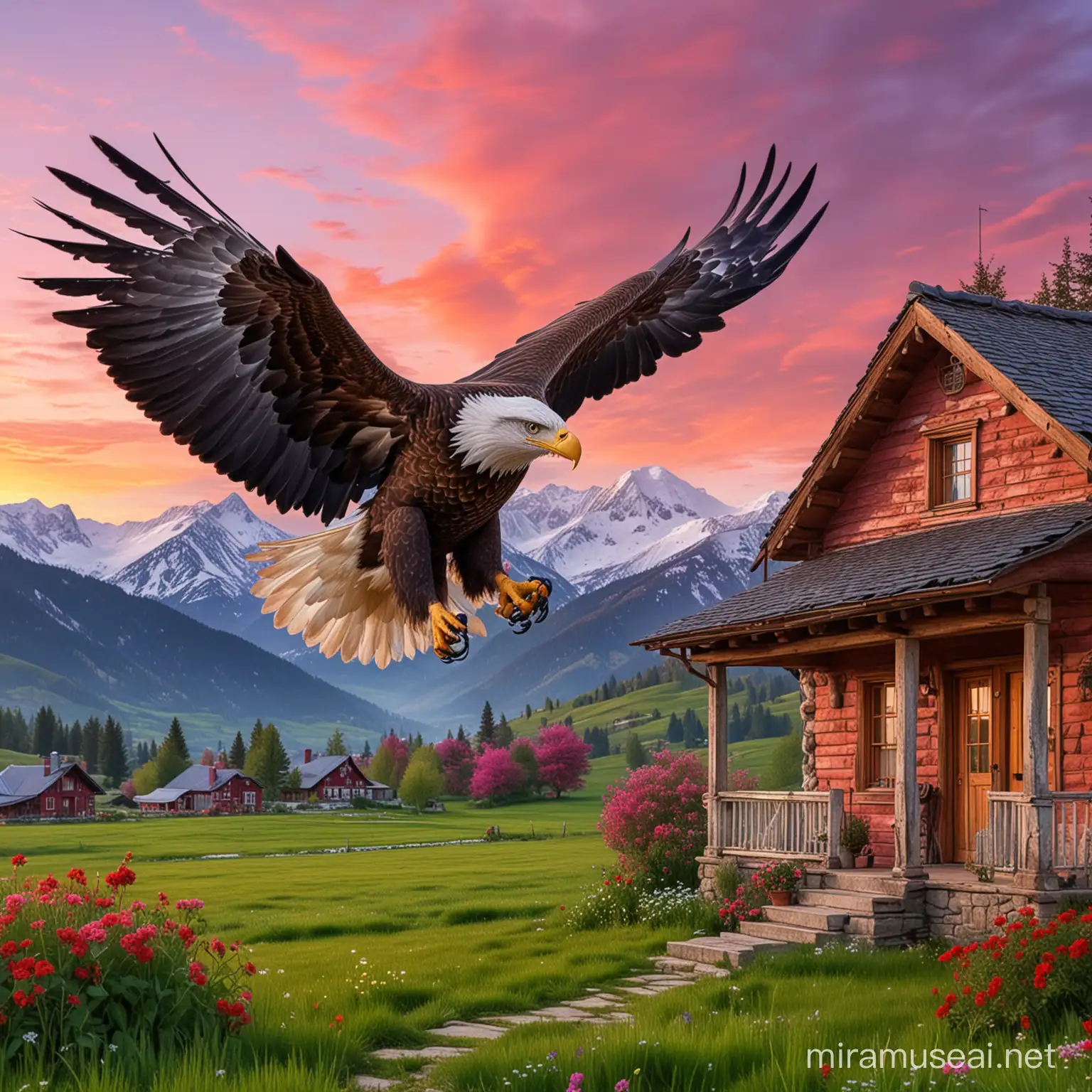 águila completo con sus alas extendidas volando con un cielo rosa y rojo, al fondo unas montañas nevadas y abajo una hermosa casa rural con prados verdes, con hermosos de colores muy vivos, rojo, blanco, negro, verde,  con ojos azules penetrantes
