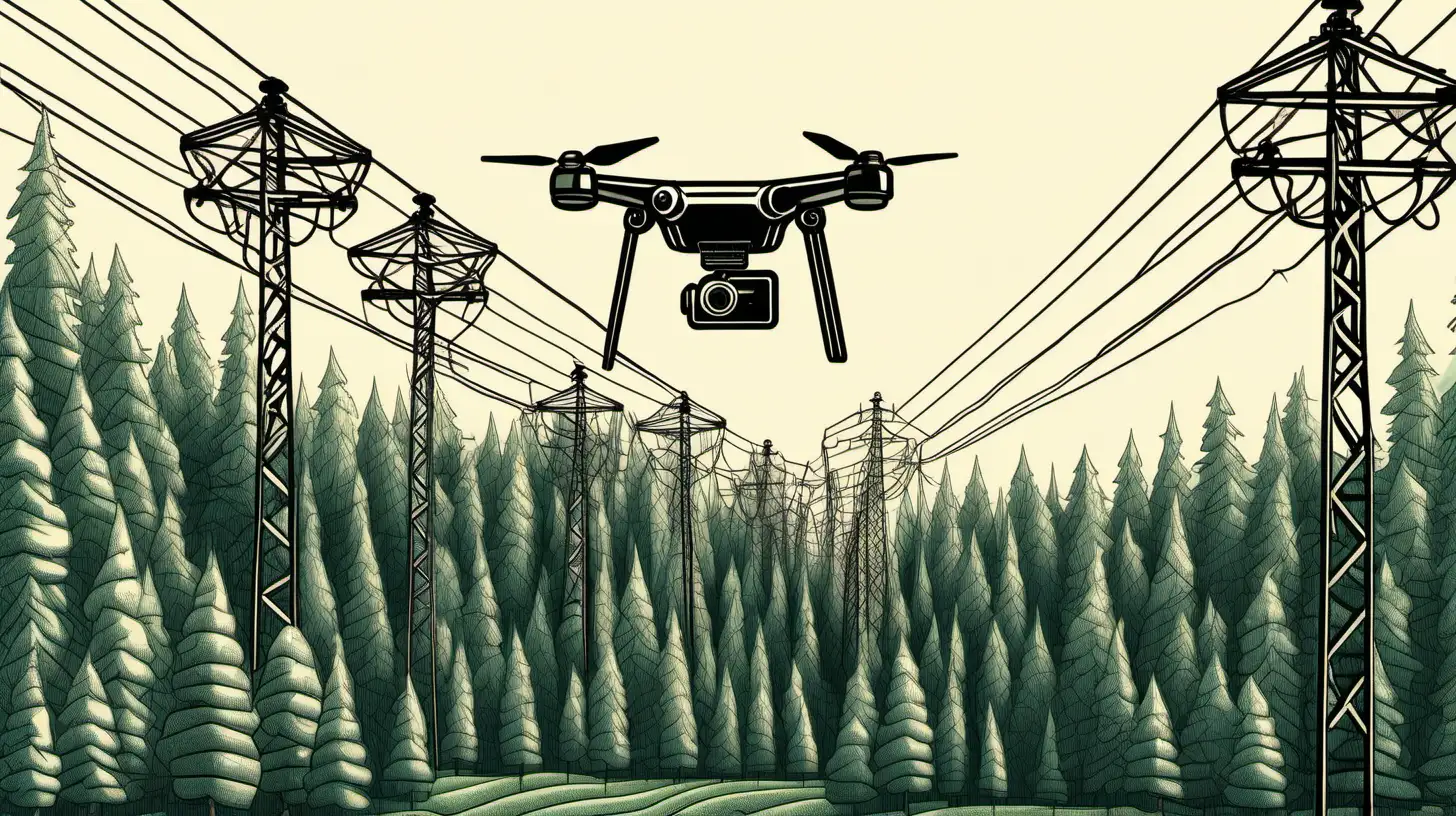 Handraw a drone flying over high-voltage power lines that cross a pine forest.
