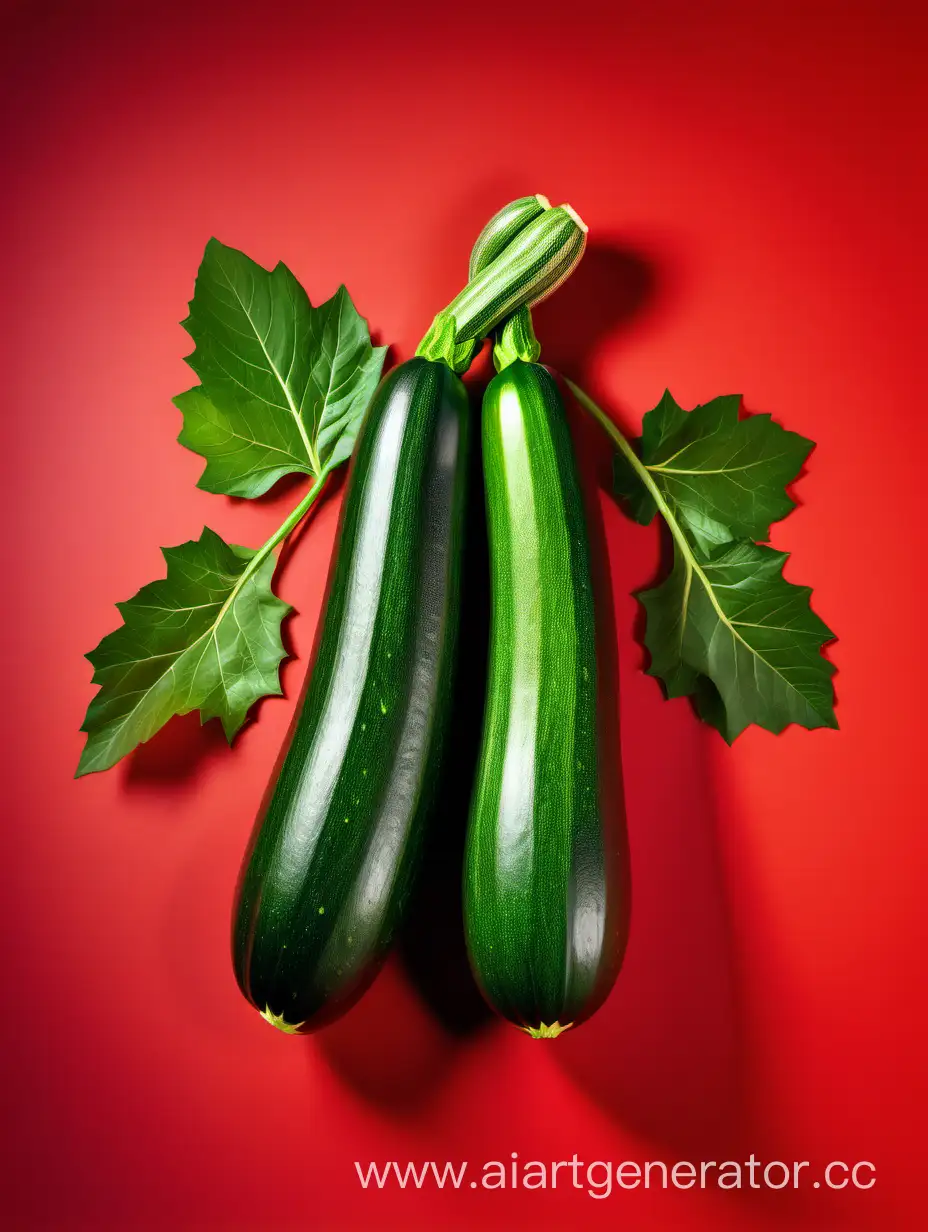 Zucchini with green leaves on red background with spot light 