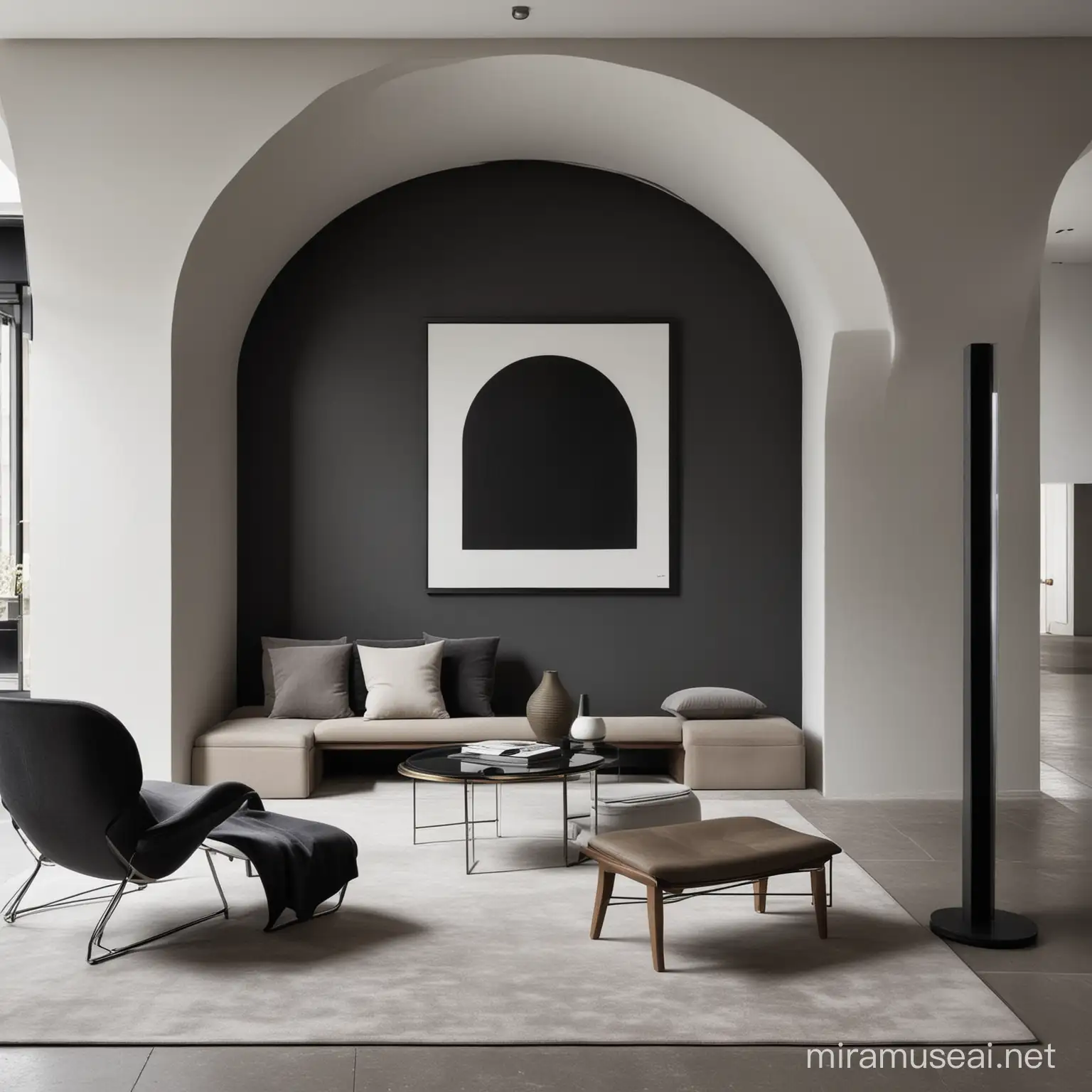 Contemporary Art Gallery Interior with GreyBlack Walls and Architectural Accents