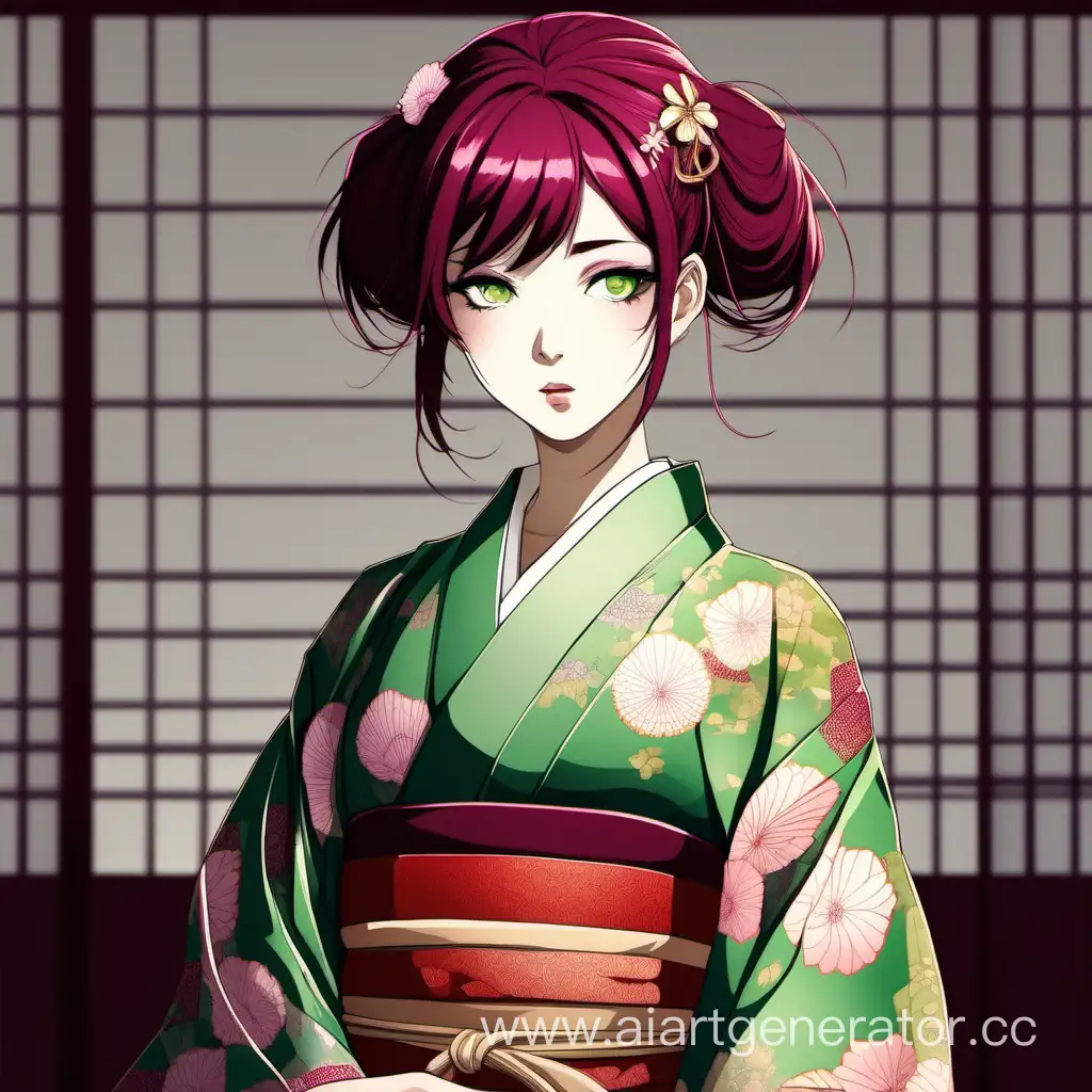 девушка в японском кимоно с бордовыми волосами и зелеными глазами