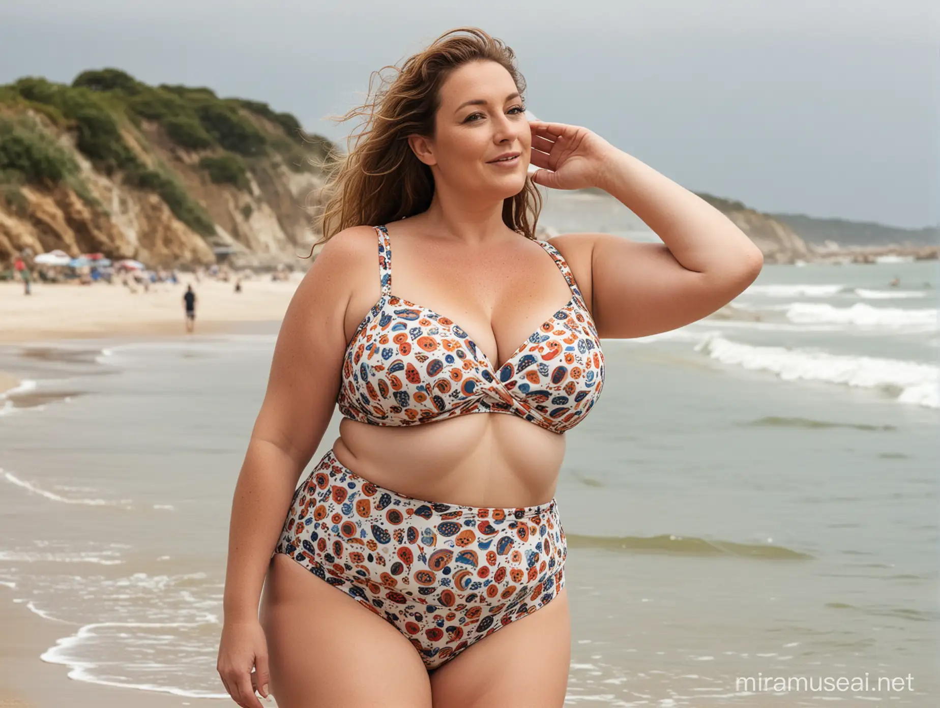 one single plus size woman, aged 50 , curvy, at the beach.