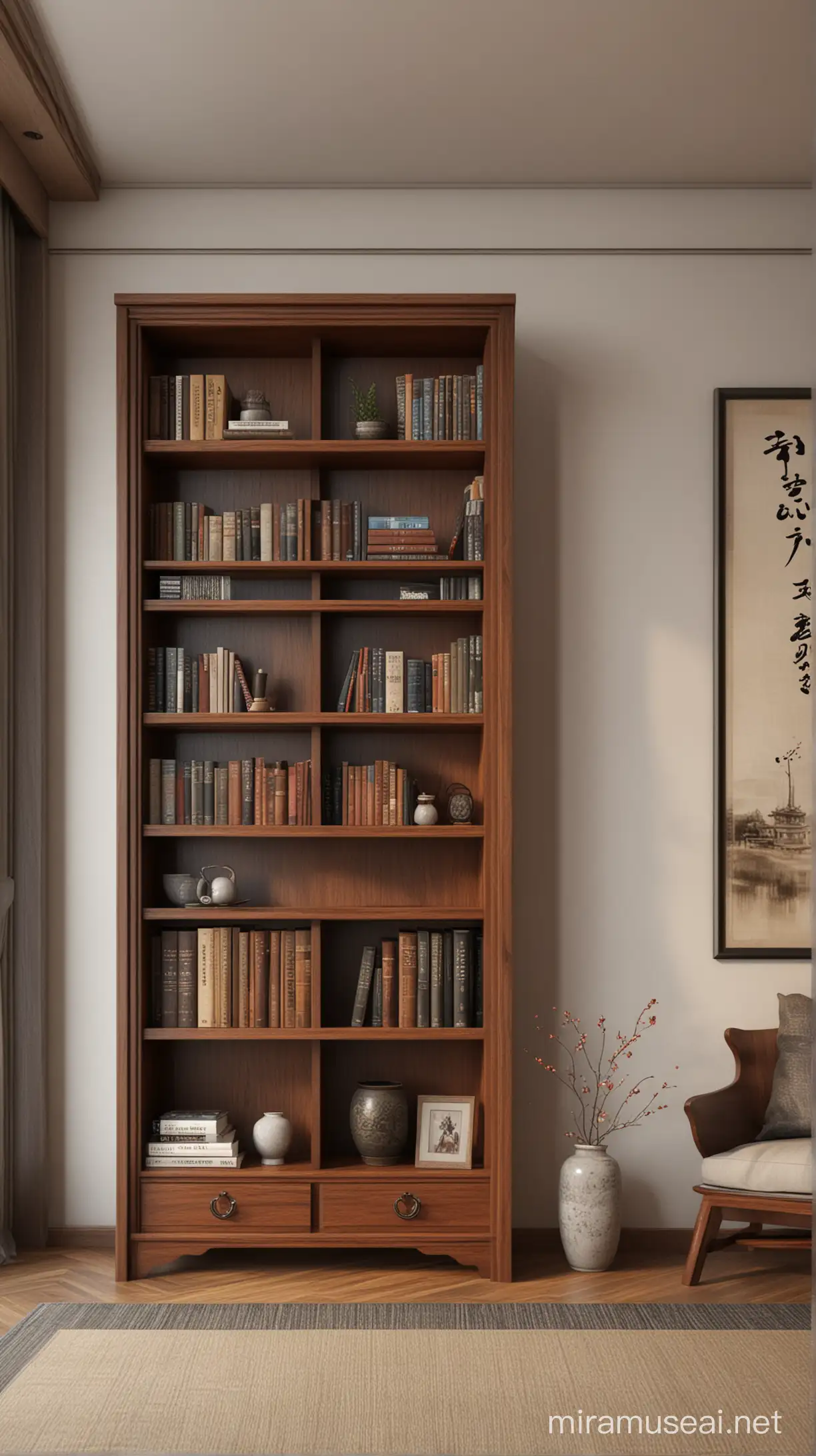 真实渲染，室内场景，中式书柜
