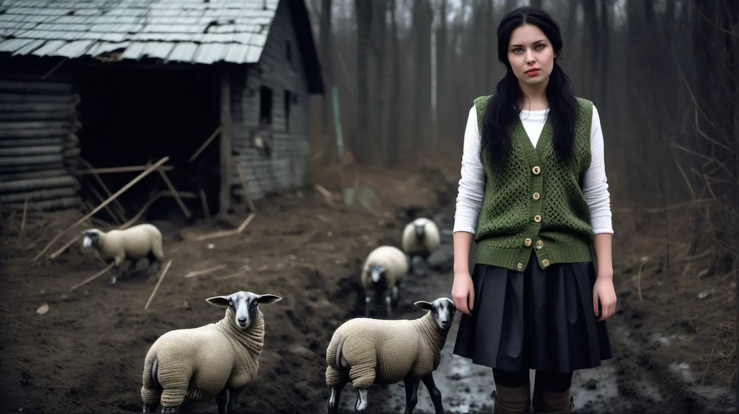 It is winter, very cold, there is a lot of snow and mud. A forest and darkness can be seen in the background. It is almost evening. A young and beautiful girl with long black hair and green eyes. He works on a sheep farm. An old and broken barn, an old wooden house with a smoking chimney. She is dressed in thick black leggings, very thick hand-knitted by her grandmother and woolen socks, over them she puts on greenish-brown knitted slippers and rubber galoshes - short ankle-length rubber boots. She wears a torn and mud-stained knee-length skirt in black. She is wearing a very thick knitted woolen sweater in gray and brown, over it a sleeveless knitted vest with buttons in green. Over this she has draped a sleeveless quilted top in dirty green which is unbuttoned. On his hands are muddy woolen gloves, on his head is a new muddy white woolen hat - an earring.