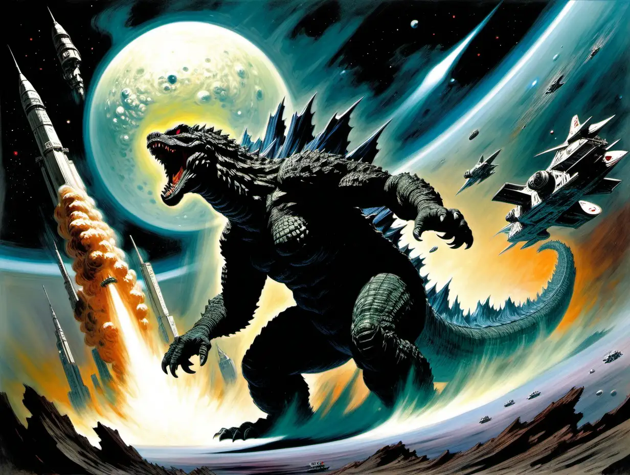 Rampaging Godzilla in a Space Station Epic Frank Frazetta Style