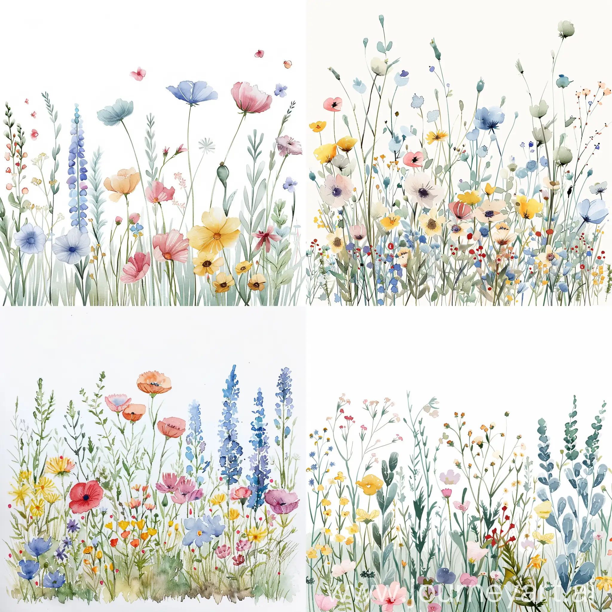 watercolor wildflower meadow, soft handpainted, pastel colors, on white background, pretty