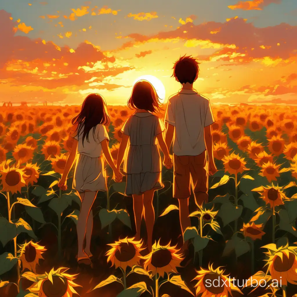 In a vast sunflower field, the sunset has dyed the sky with a warm orange hue. Two young people, a boy and a girl, hand in hand, stand among the sunflowers. The gentle breeze rustles the flowers as they sway softly. Their smiles shine brightly like sunlight, as if illuminating the entire field. A tranquil and beautiful scene unfolds before the eyes.