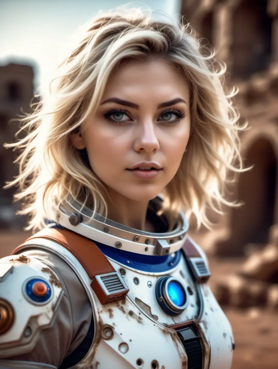 Beautiful Nordic woman, very attractive face, detailed eyes, big breasts, slim body, dark eye shadow, messy blonde hair, wearing a astronaut cosplay outfit, close up, bokeh background, soft light on face, rim lighting, facing away from camera, looking back over her shoulder, standing in front of ancient ruins on Mars, illustration, very high detail, extra wide photo, full body photo, aerial photo